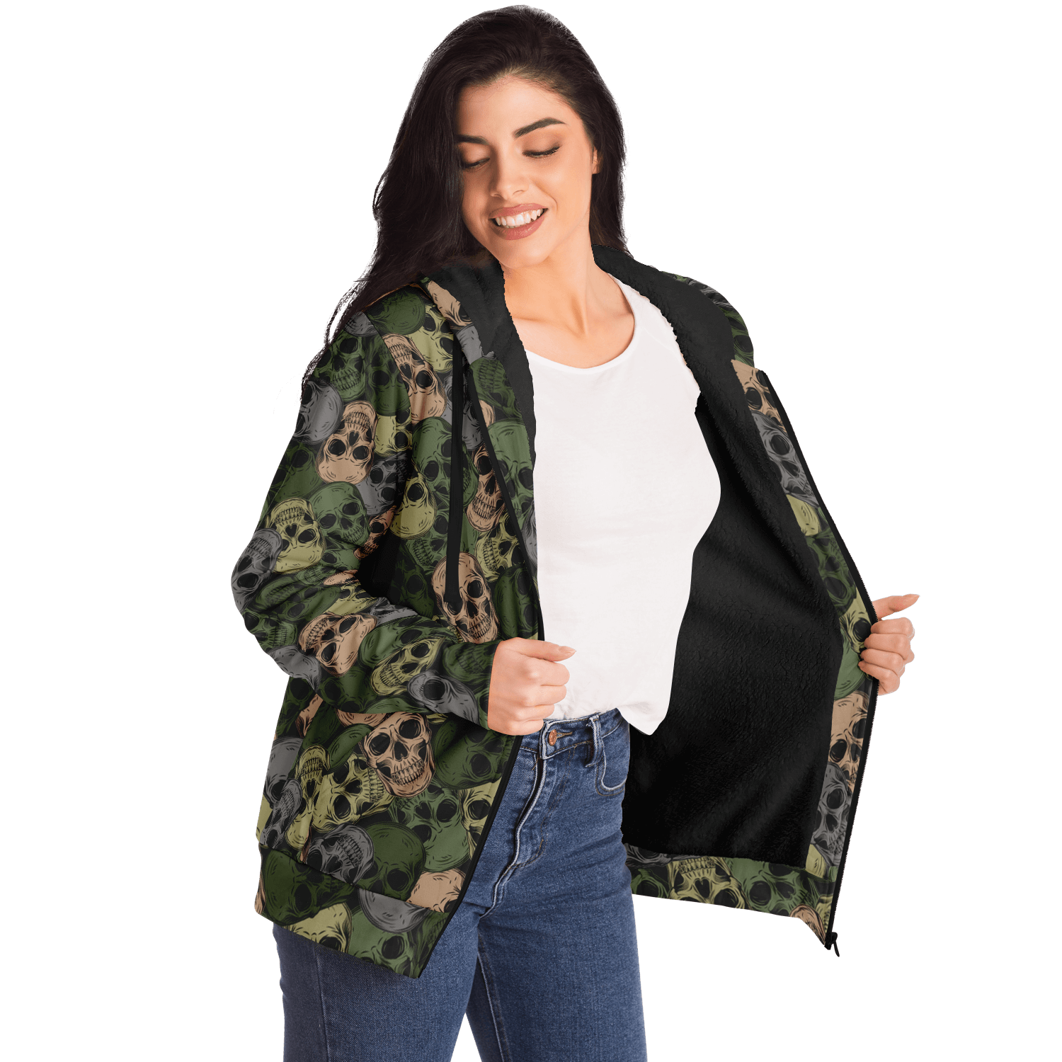 Microfleece Zip Hoodie | Green & Gray Skulls Camouflage Camo Colors