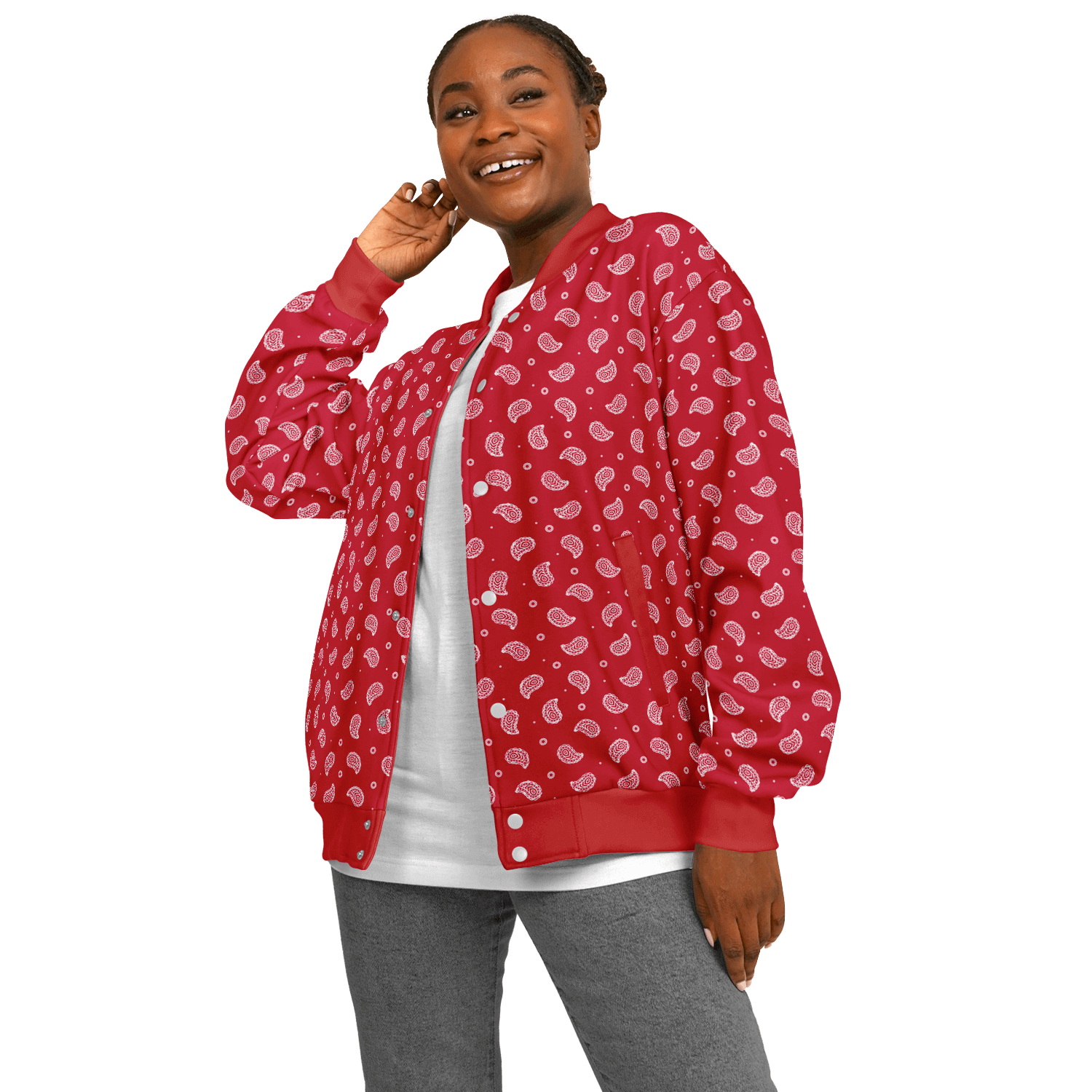 Red Bandana Baseball Jacket | Small White Paisley Pattern Camo Colors