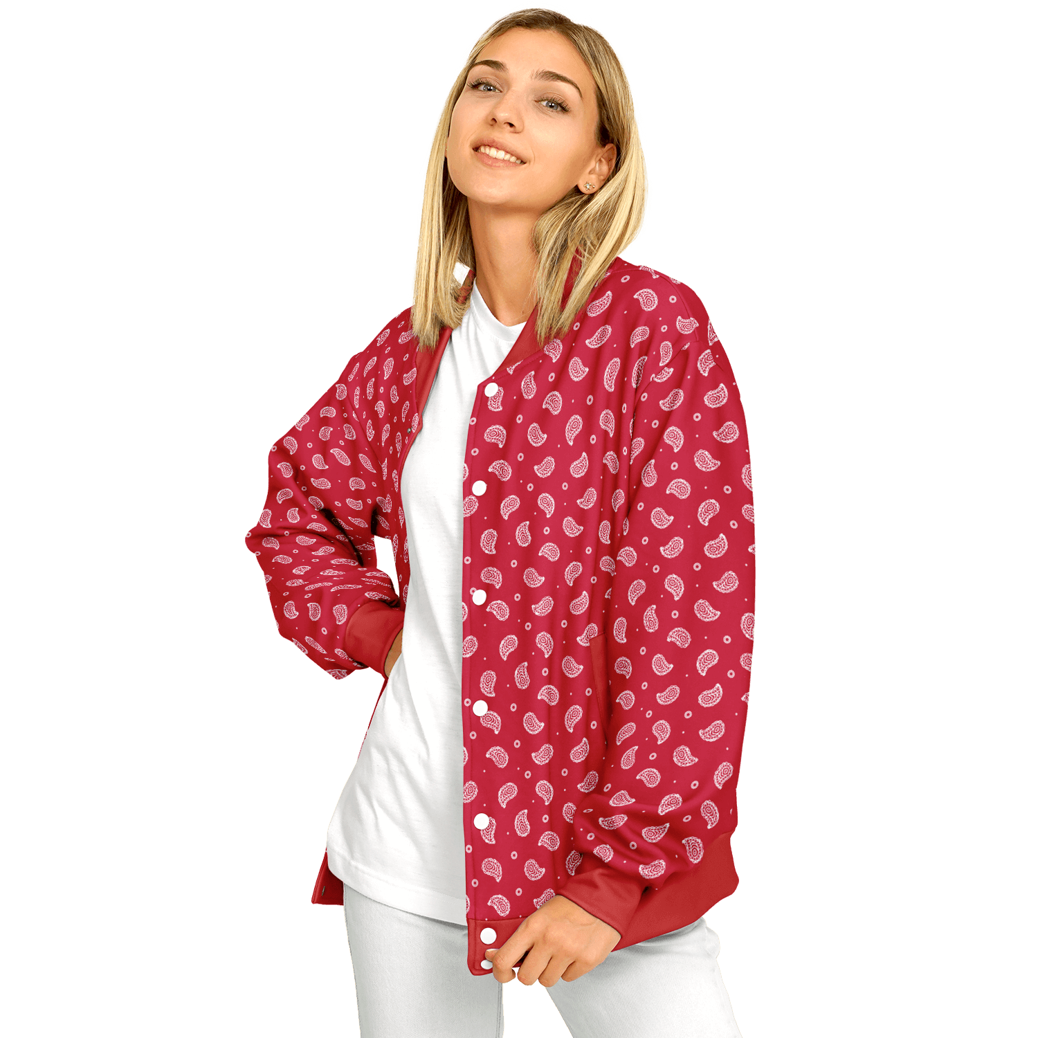 Red Bandana Baseball Jacket | Small White Paisley Pattern Camo Colors