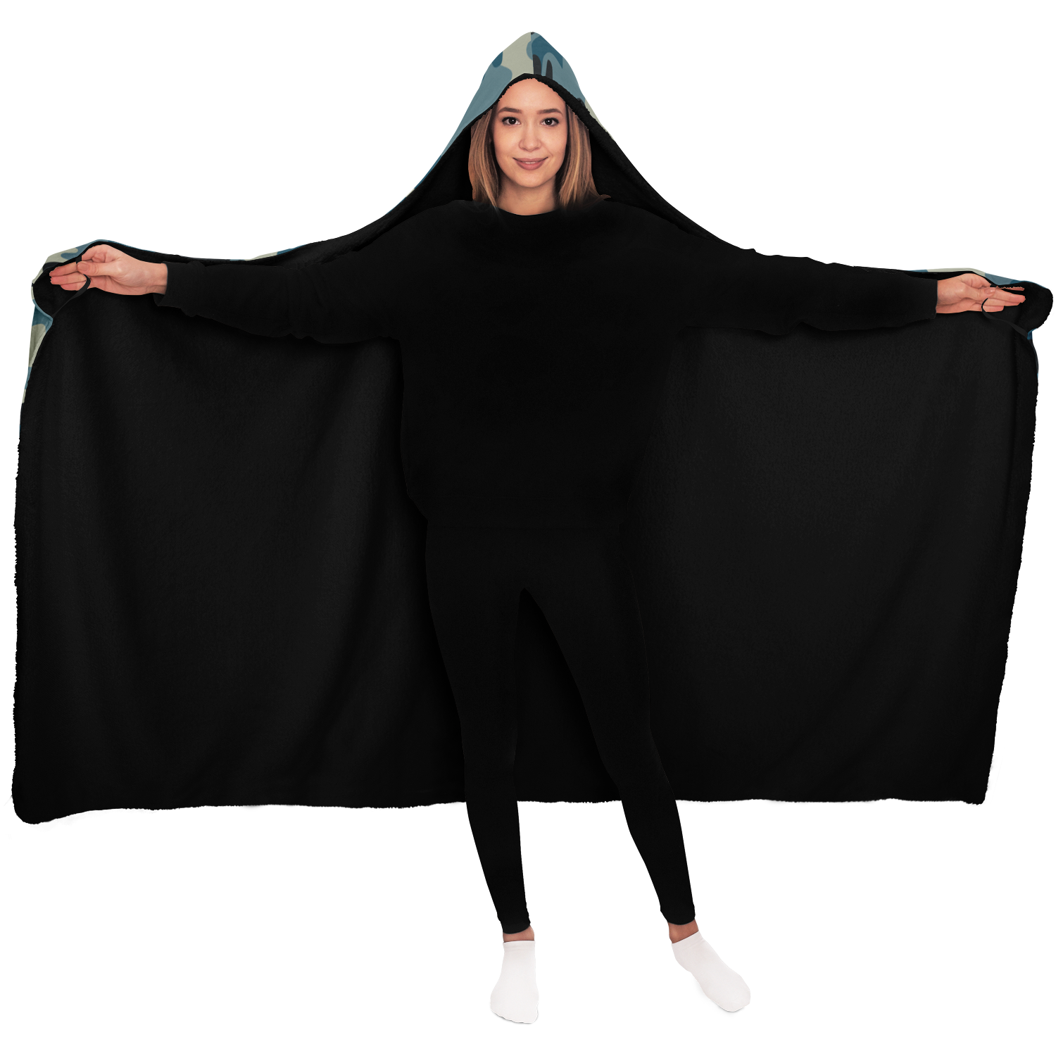 Blanket Hoodie | Blue & Charcoal Camo Print | Microfleece Lining | Camo Colors