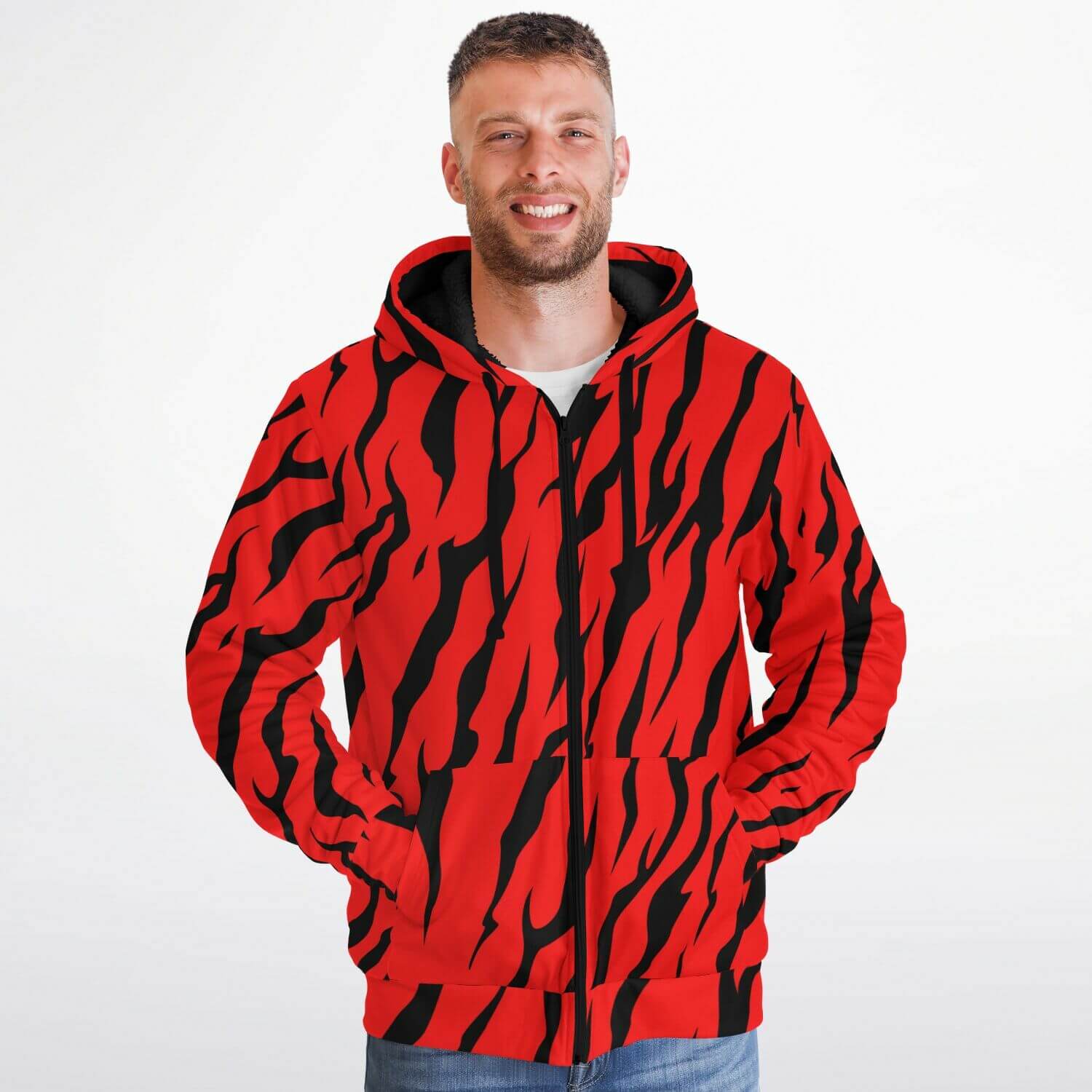 Microfleece Zip Hoodie in Red and Black Tiger Print Camo Colors