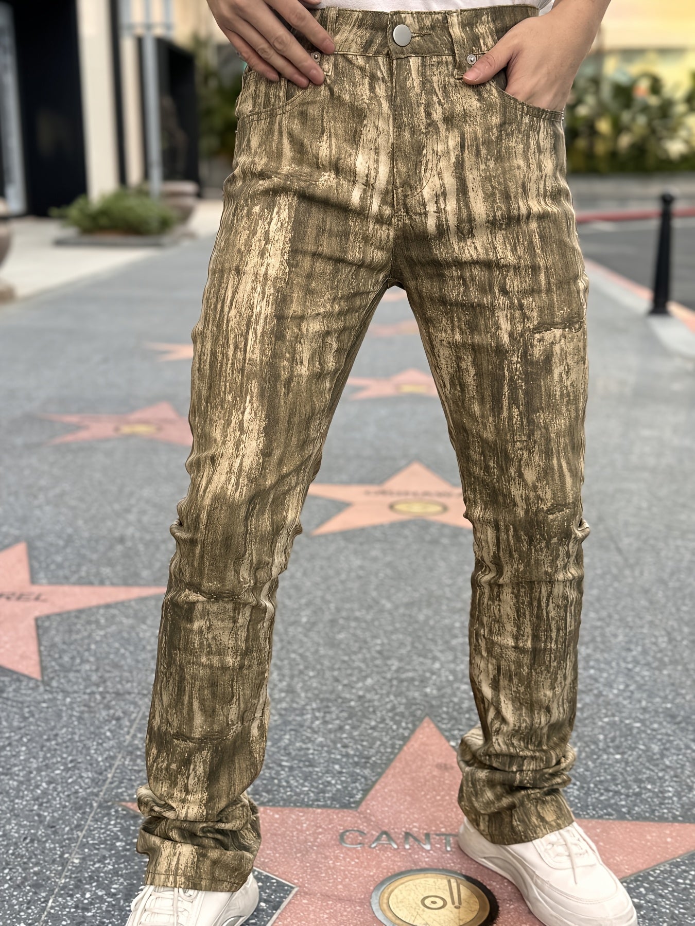 Men's Stretch Denim Flared Pants with 3D Digital Print Camo Colors