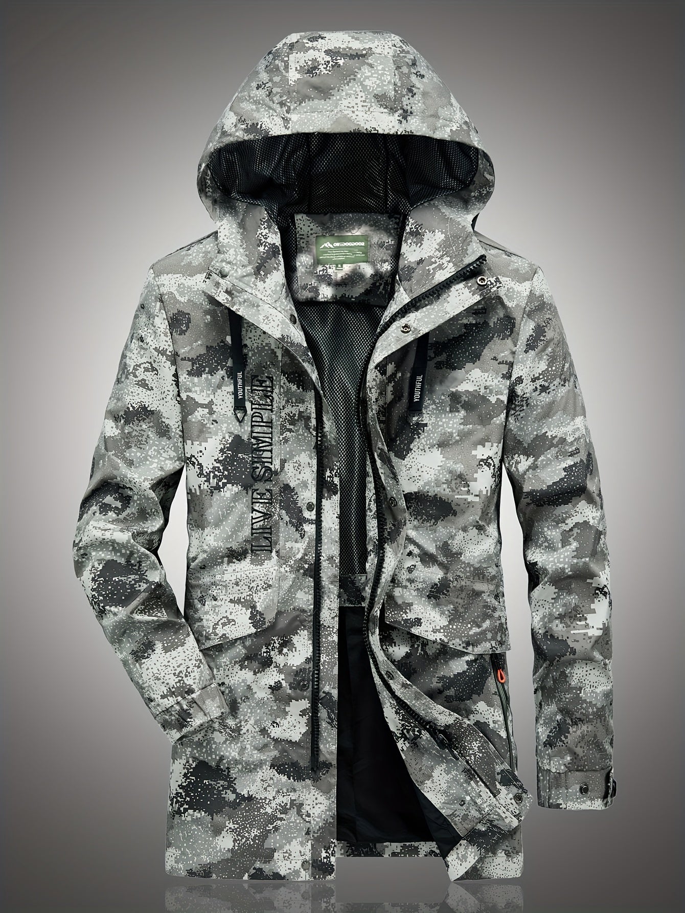 Men's Camo Hooded Windbreaker Jacket with Zip & Drawstring Camo Colors