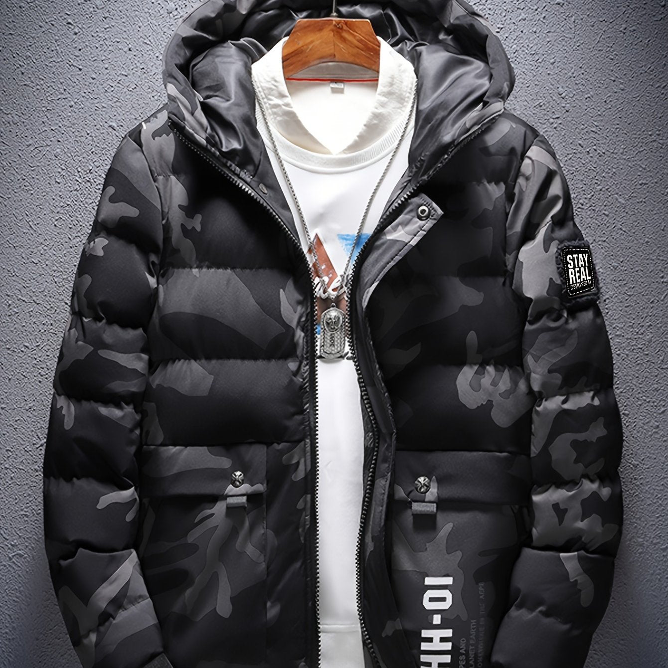 Men's Black Camouflage Padded Jacket | Regular Fit with Hooded Collar Camo Colors