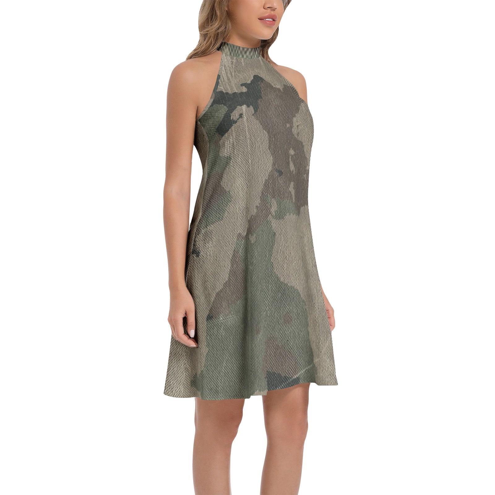 Flared Camo Dress | Halter Neck | Dirty Brown Camouflage Camo Colors