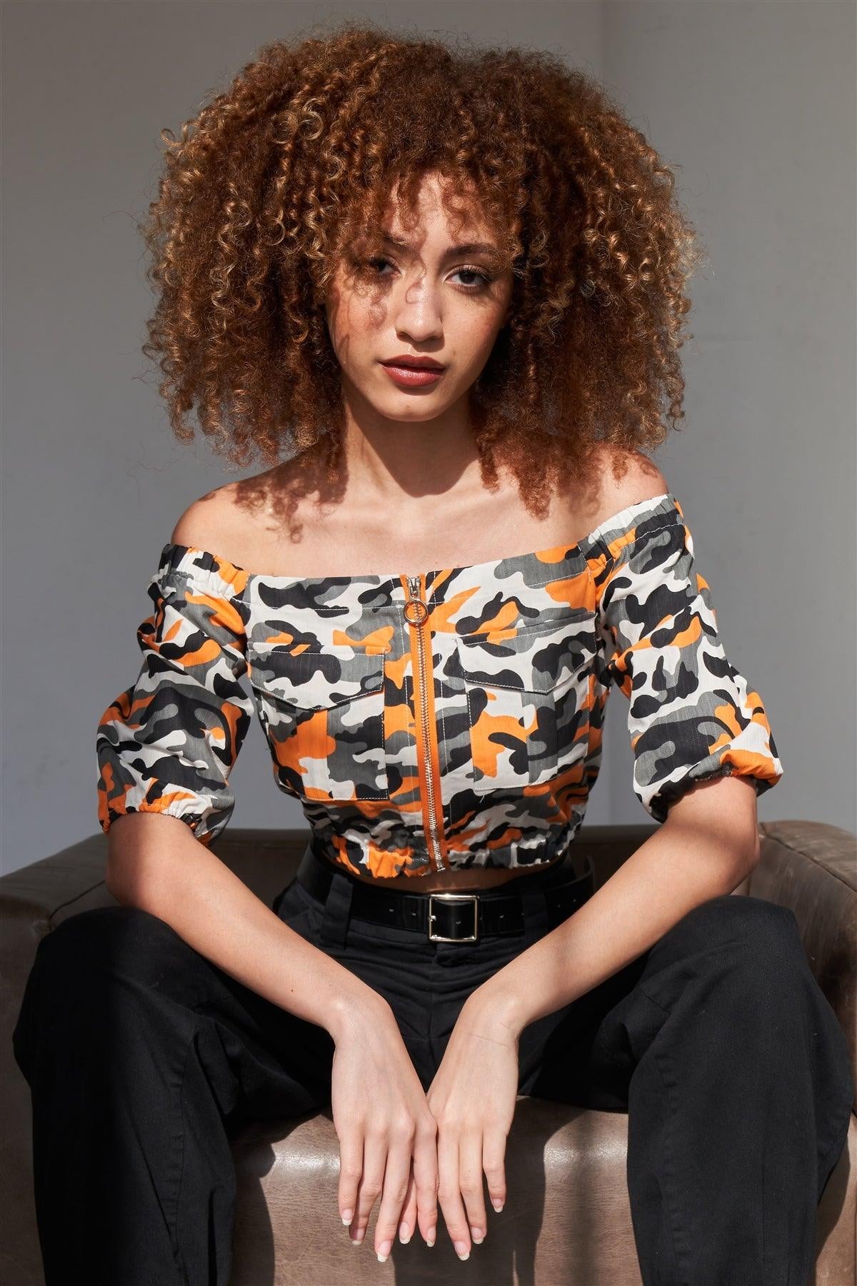 Orange Camo Print off the Shoulder Cargo Crop Top Camo Colors