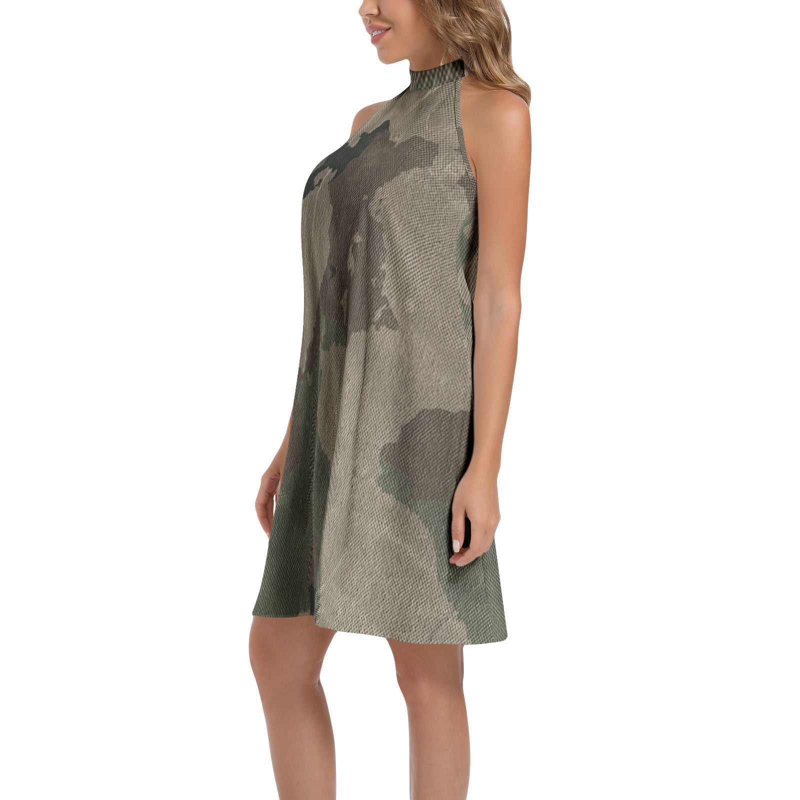 Flared Camo Dress | Halter Neck | Dirty Brown Camouflage Camo Colors