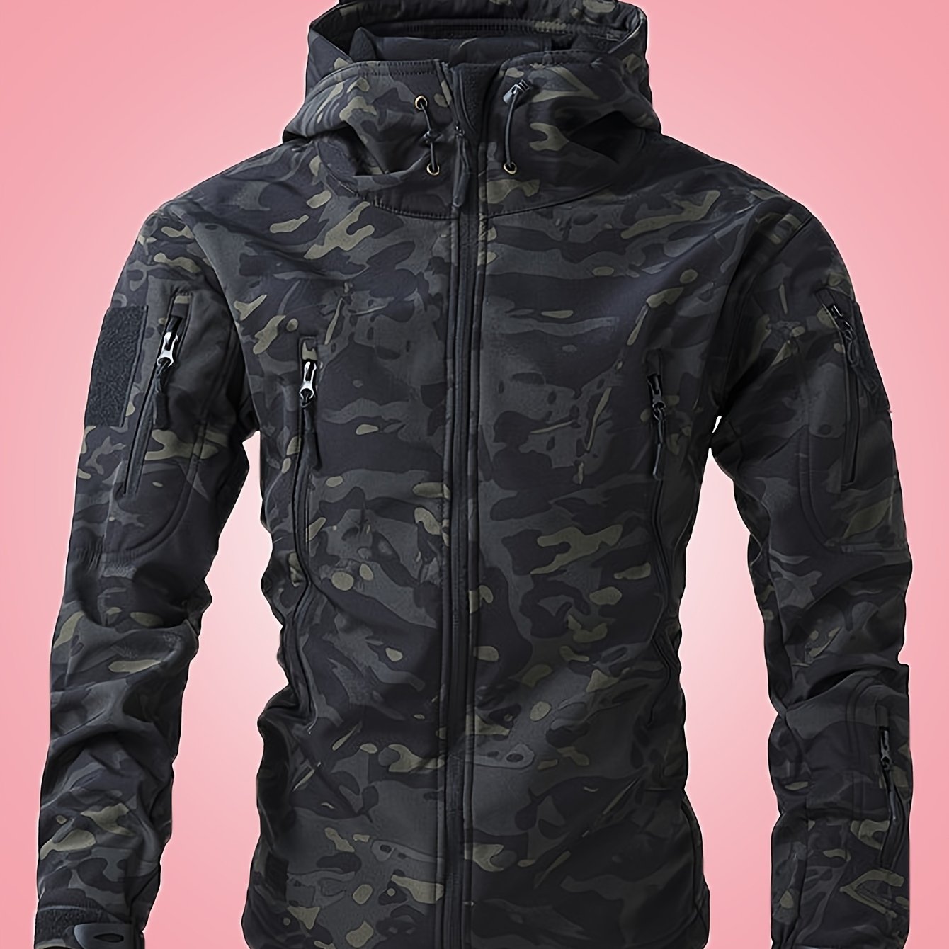 Men's Military Camo Jacket | Hooded Windbreaker with Zippered Pockets, Removable Hood Camo Colors