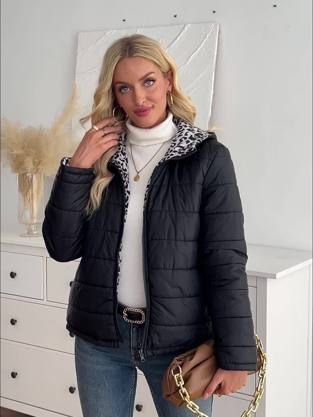 Women's Reversible Leopard Print Hooded Puffer Jacket | Camo Colors