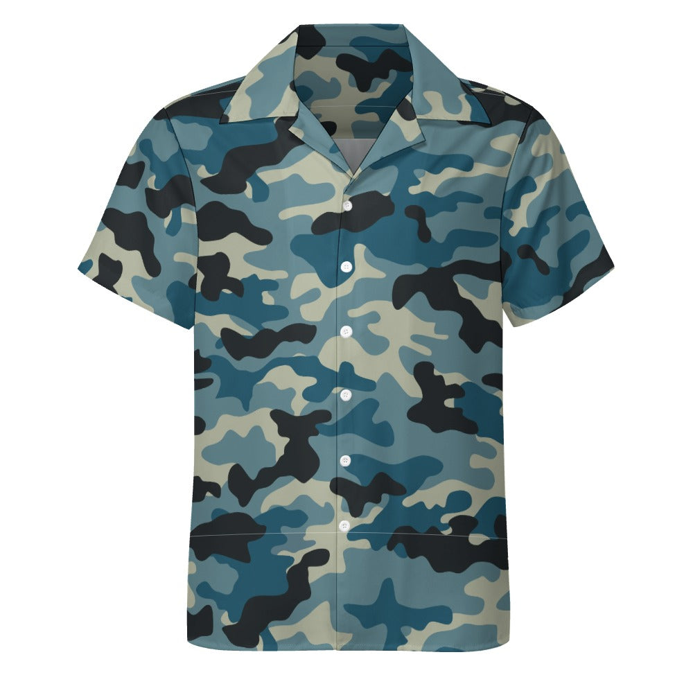Men's Camo Shirt in Shades of Blue & Charcoal | Cuban Collar Design | Camo Colors