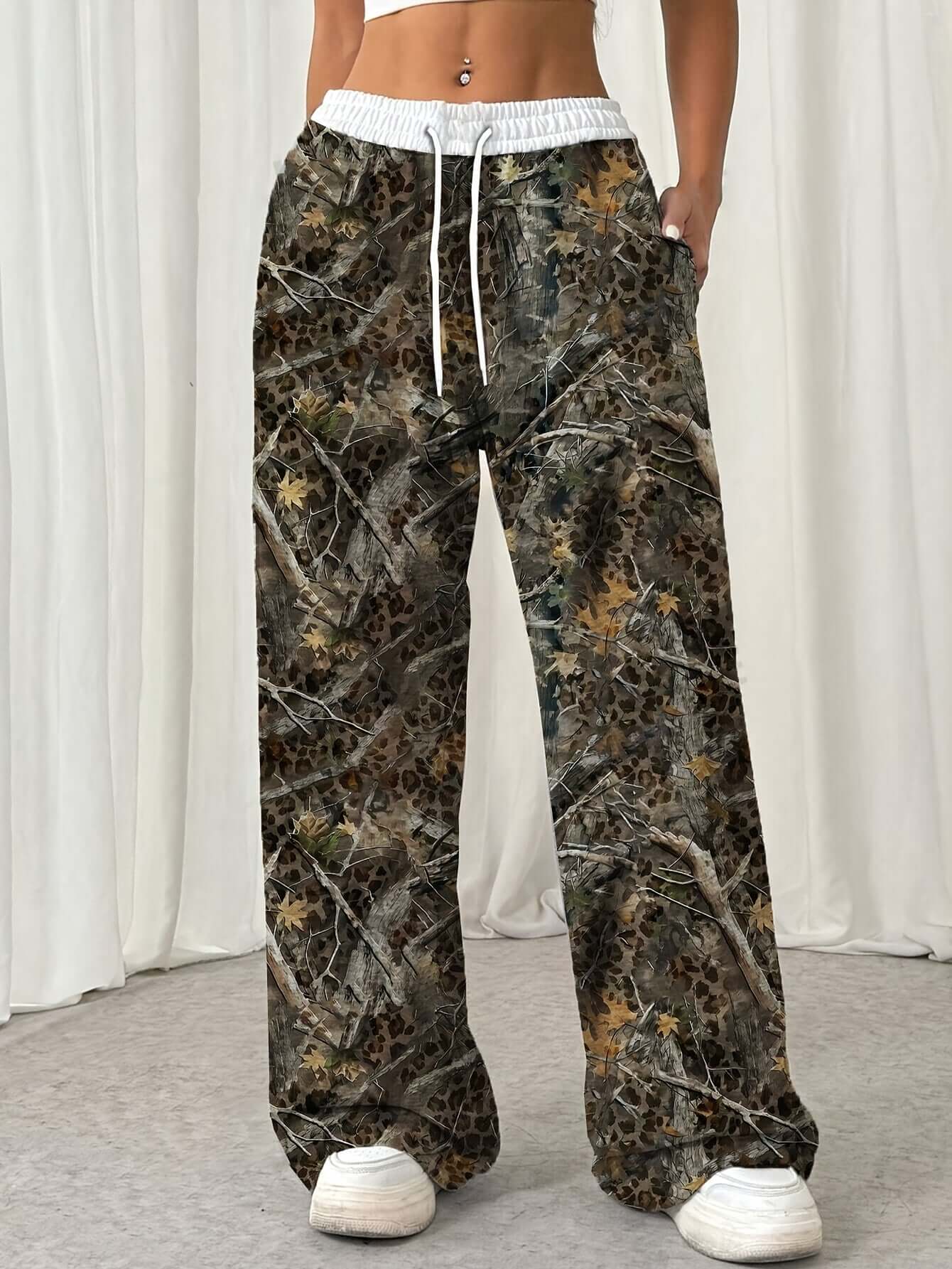 Women'S Plus Size Camo Straight Leg Pants with Drawstring | Regular Fit Camo Colors