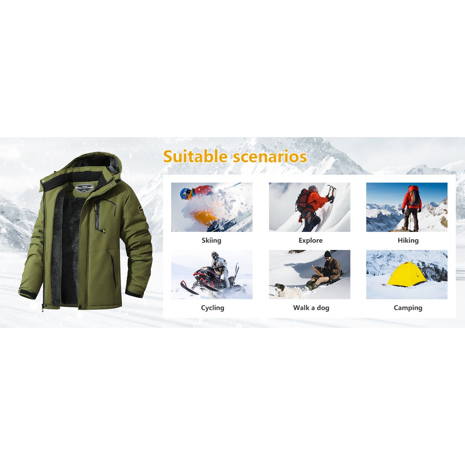 Men's Designer Ski Jacket | Warm Fleece with Detachable Hood Camo Colors
