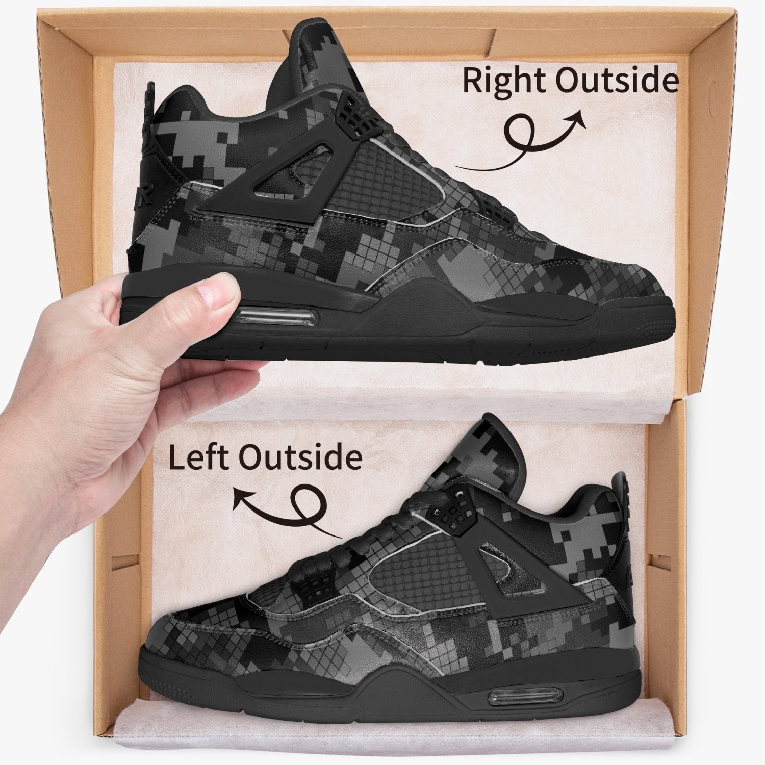 Gray Camo Jordans AJ4 | Digital Monochrome | Black Sole Camo Colors