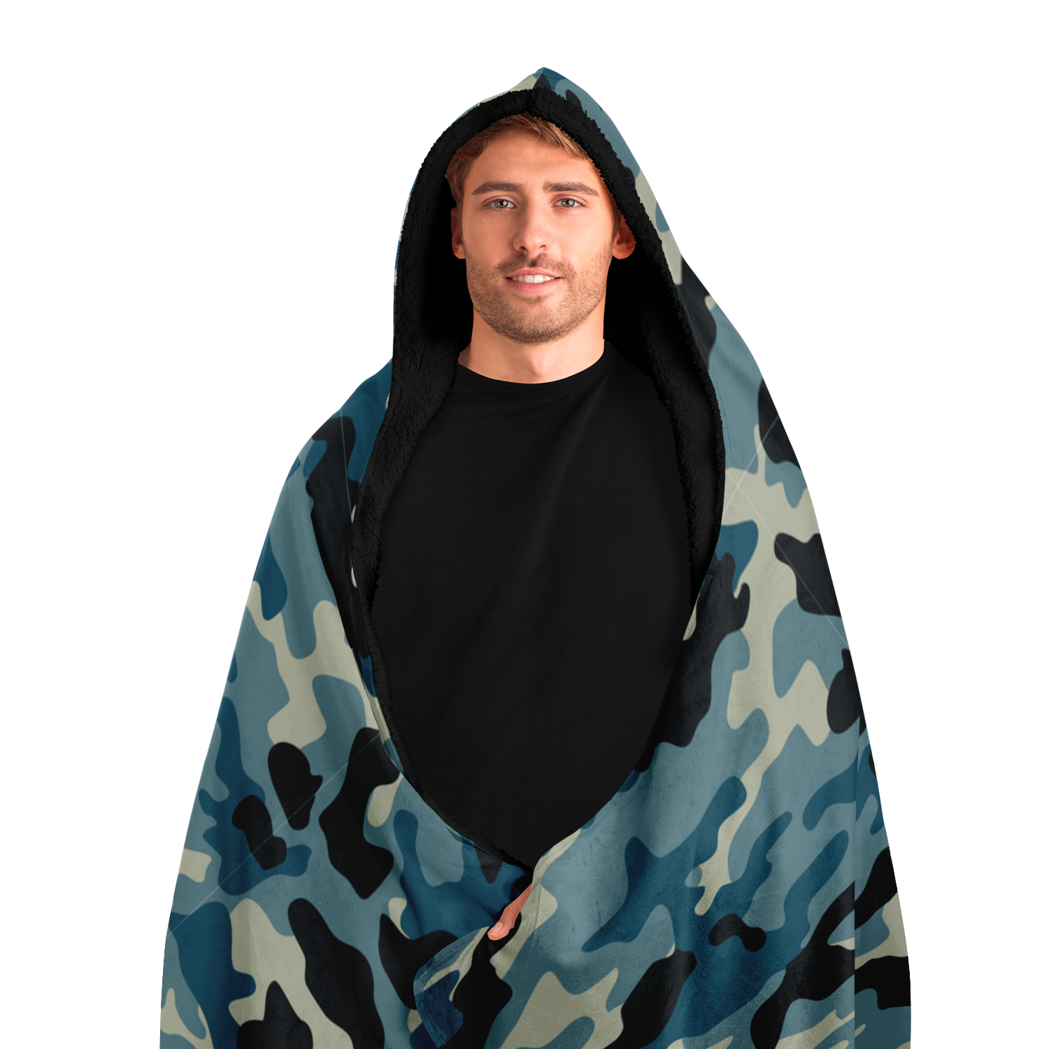 Blanket Hoodie | Blue & Charcoal Camo Print | Microfleece Lining | Camo Colors