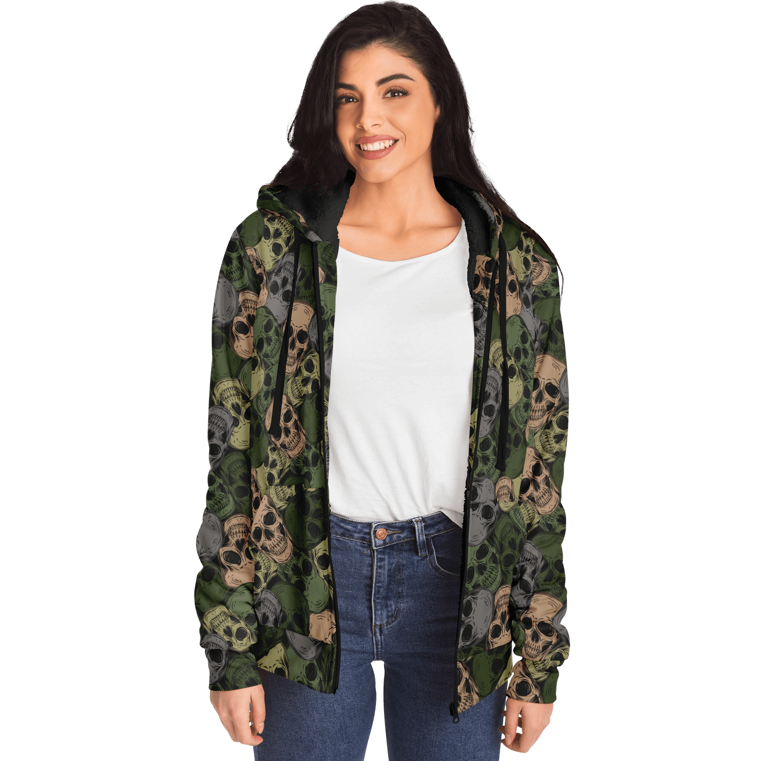 Microfleece Zip Hoodie | Green & Gray Skulls Camouflage Camo Colors