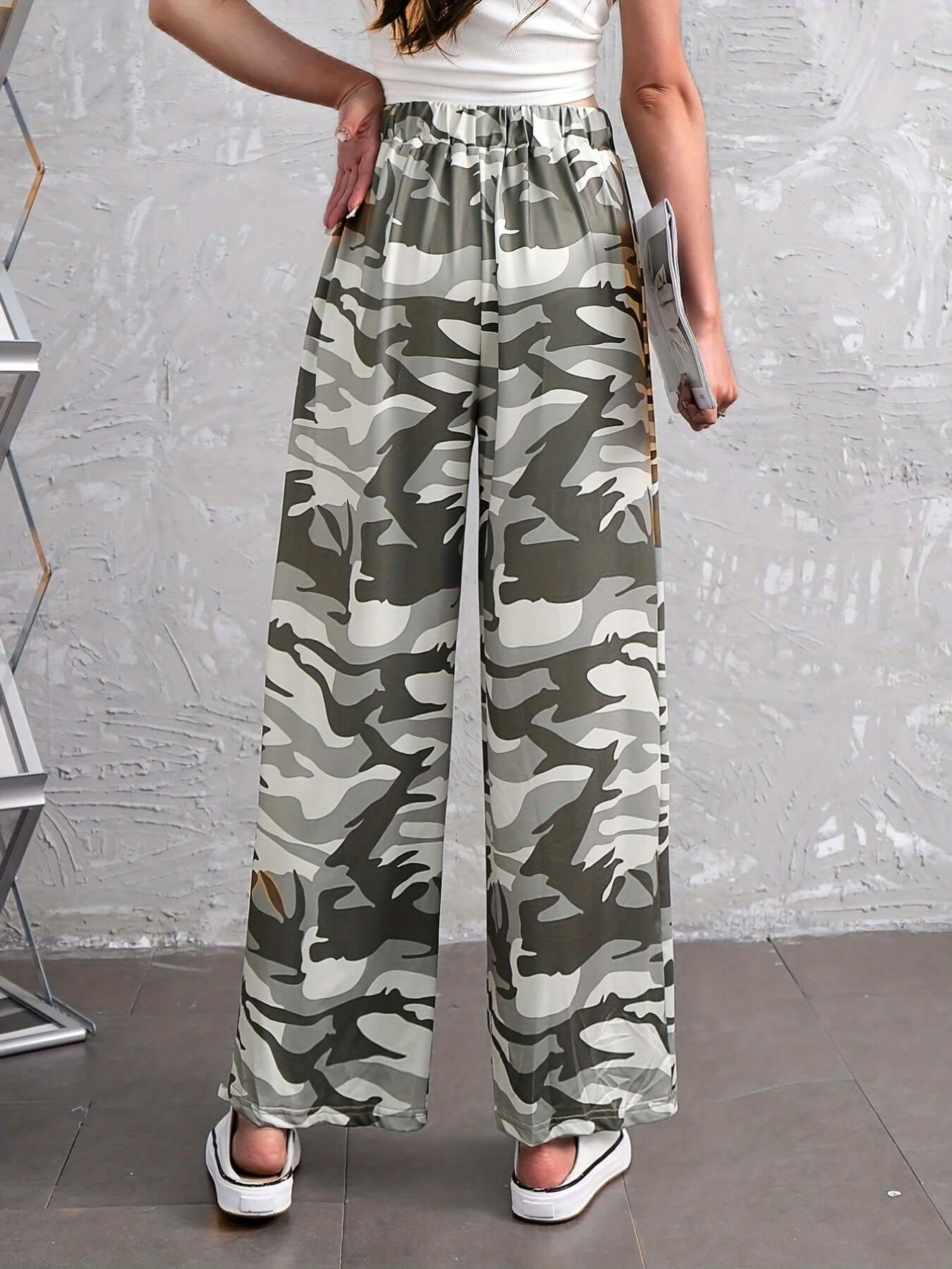 Camo Print Wide Leg Pants | Casual Elastic Waist Long Length Camo Colors