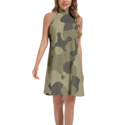 Flared Camo Dress | Halter Neck | Green Fabric Camouflage Camo Colors