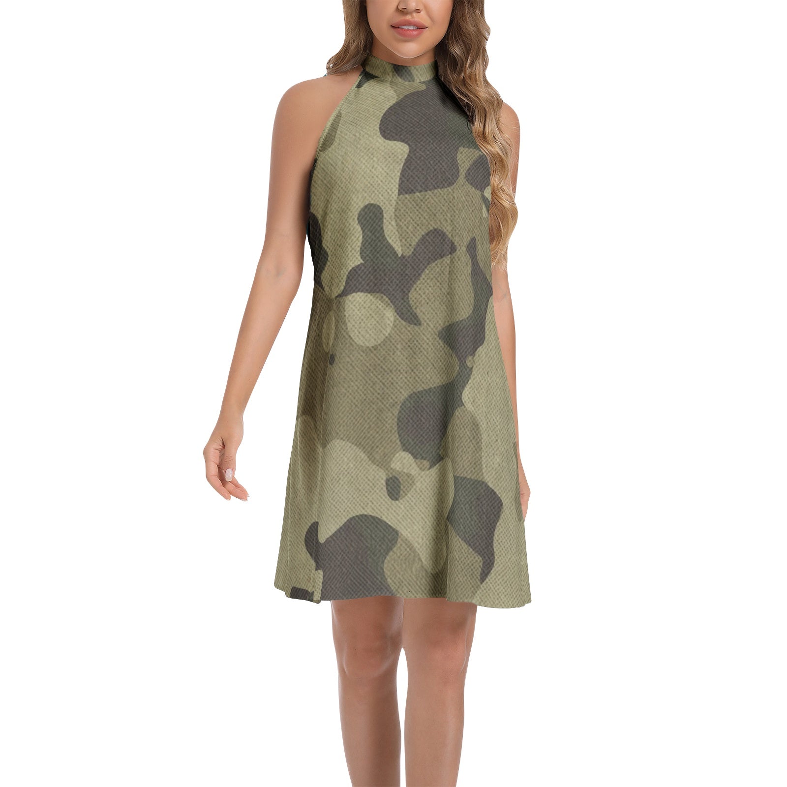 Flared Camo Dress | Halter Neck | Green Fabric Camouflage Camo Colors