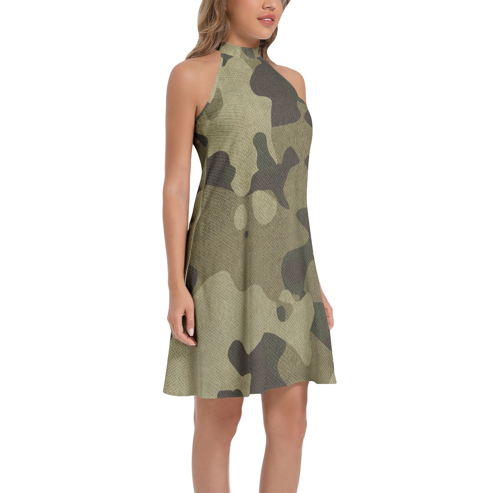 Flared Camo Dress | Halter Neck | Green Fabric Camouflage Camo Colors