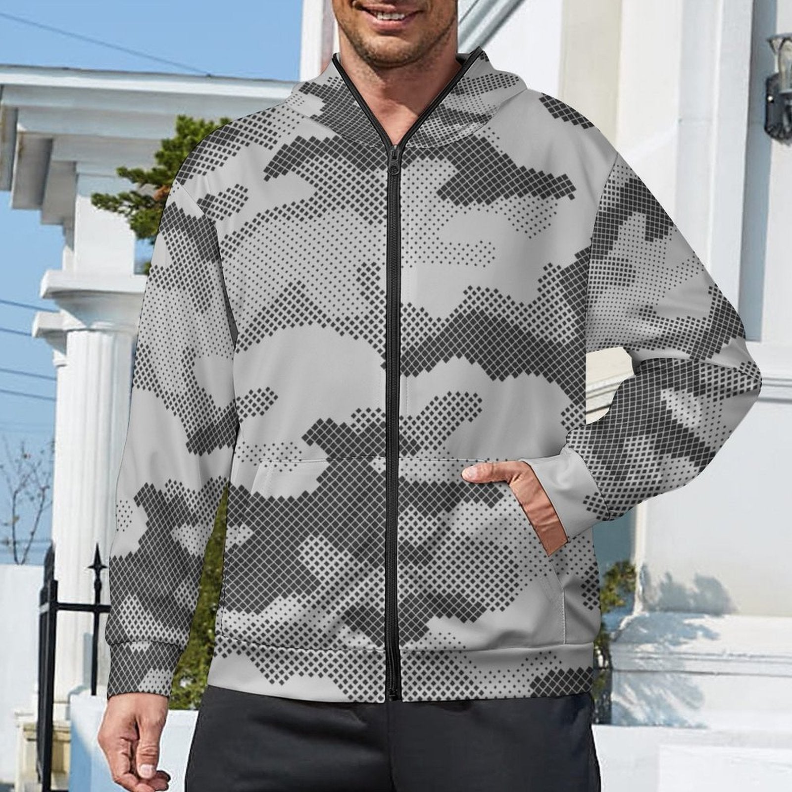 Zip Camo Hoodie | Black & White Dotted Camouflage Camo Colors