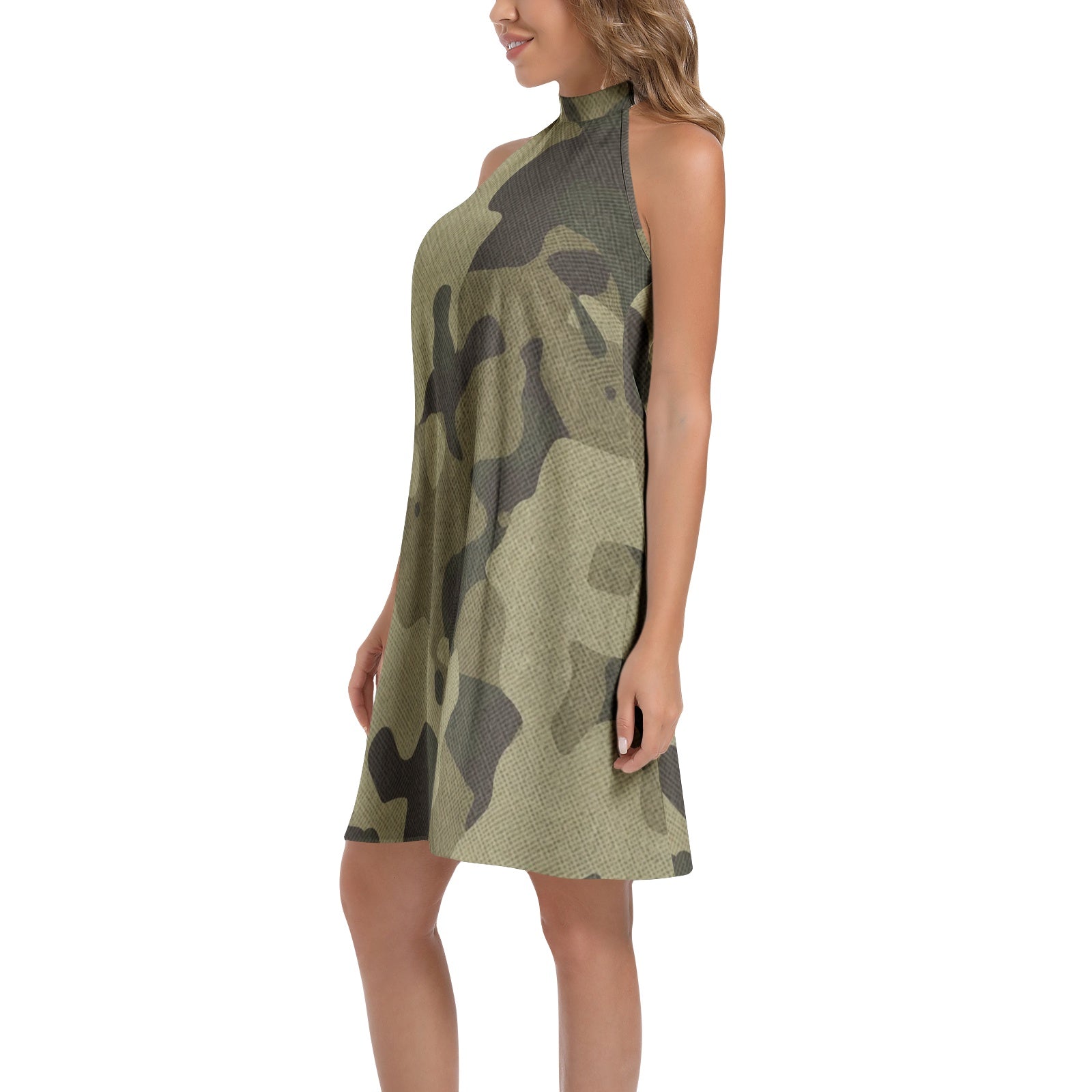 Flared Camo Dress | Halter Neck | Green Fabric Camouflage Camo Colors