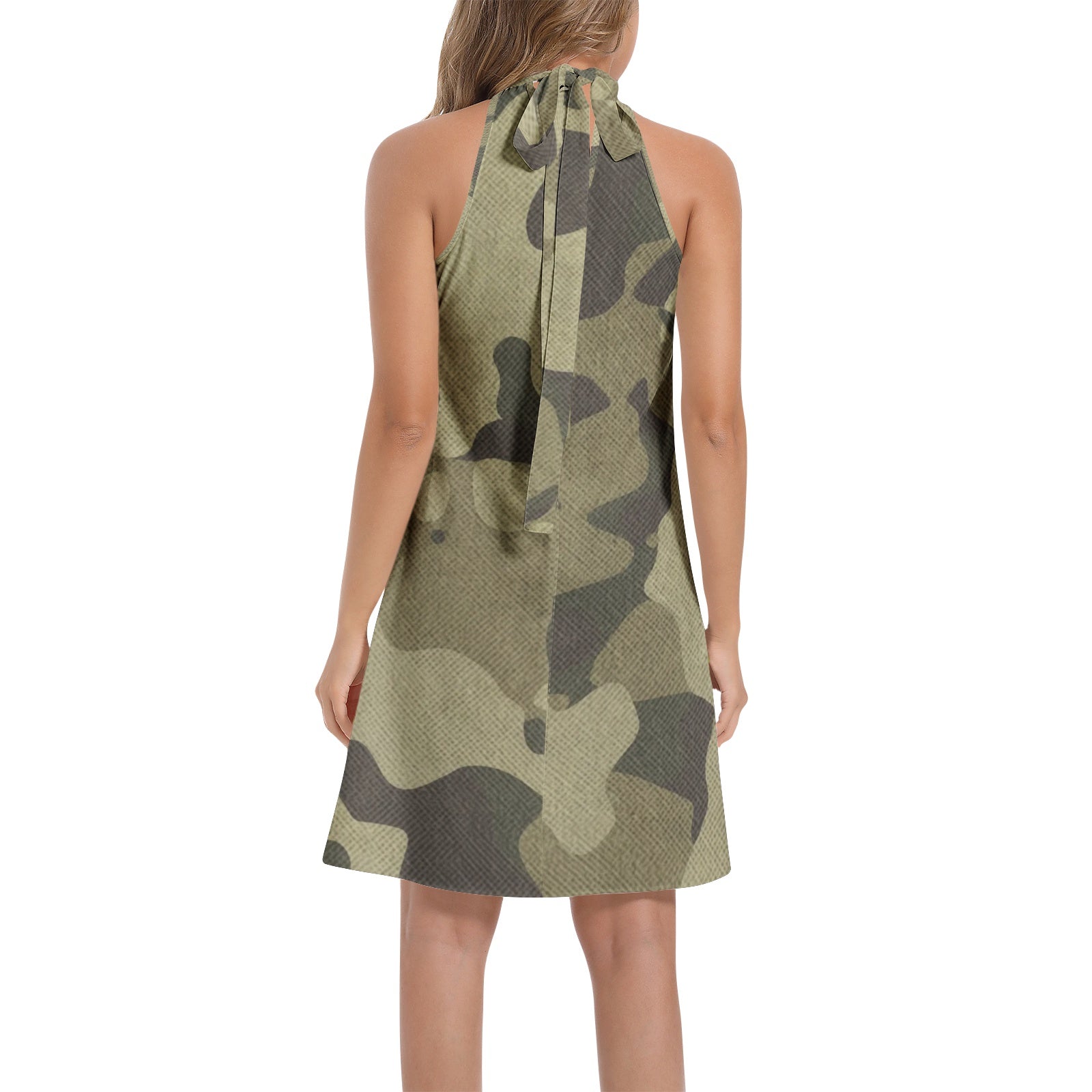 Flared Camo Dress | Halter Neck | Green Fabric Camouflage Camo Colors