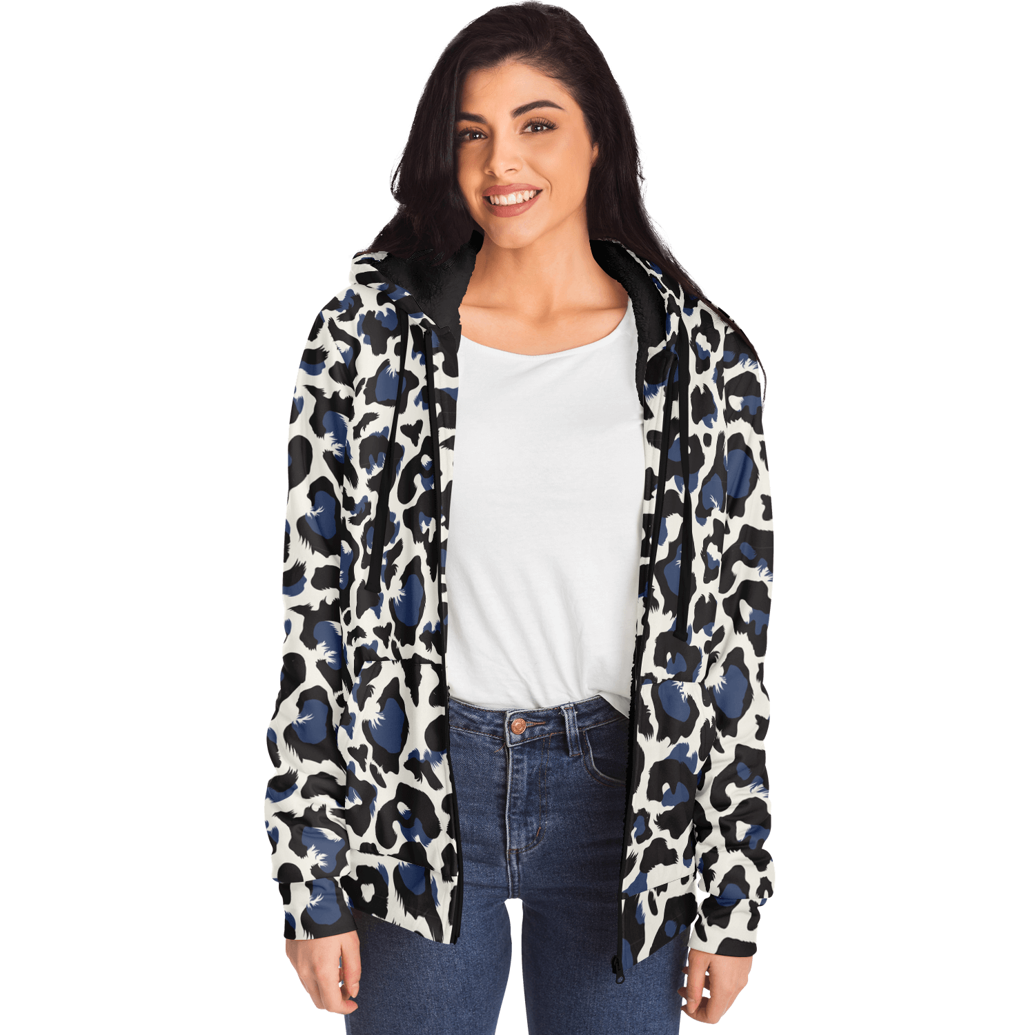 Microfleece Zip Hoodie | Leopard Print in White, Green & Blue Camo Colors