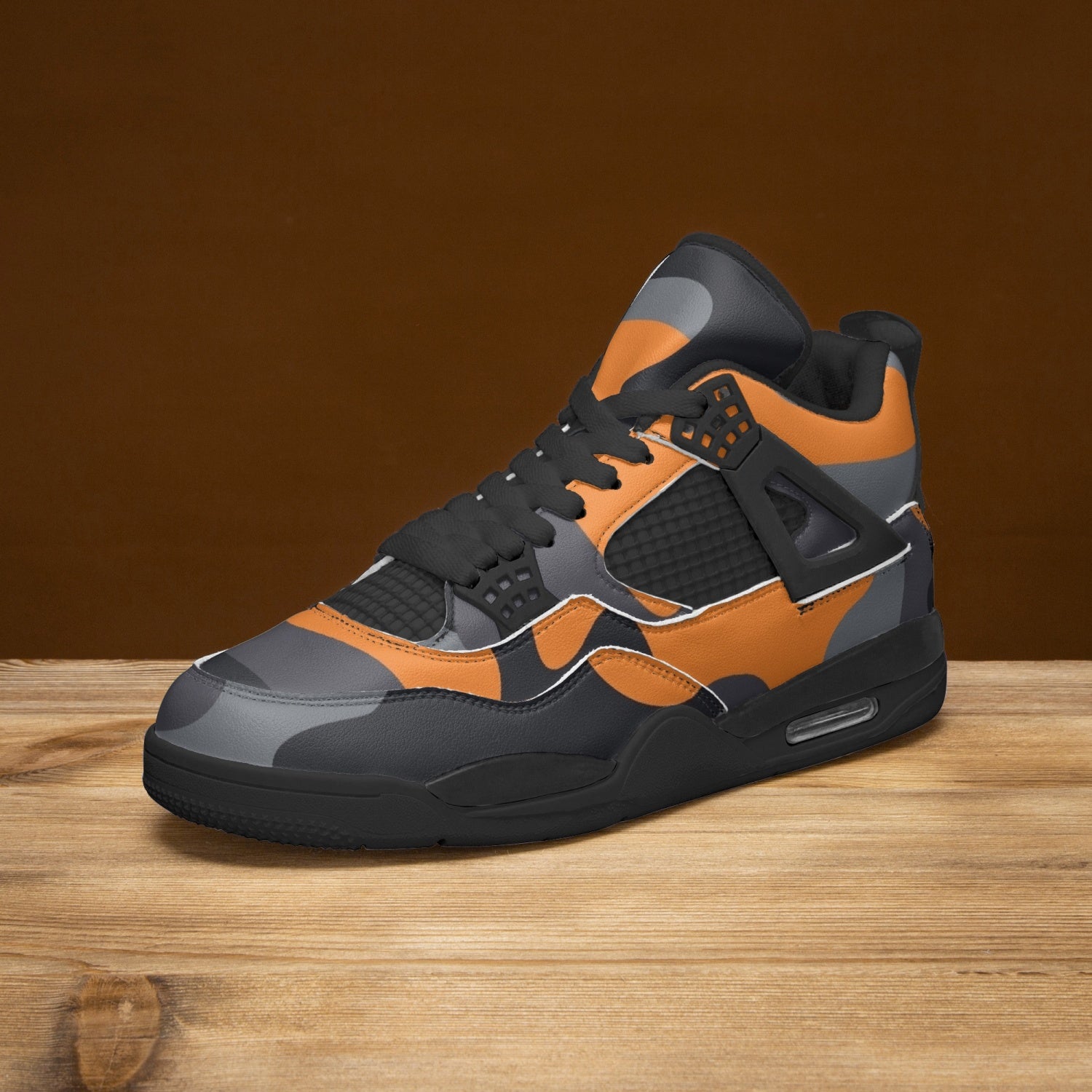 Camo Jordans AJ4 | Orange, Black and Gray Camo Colors