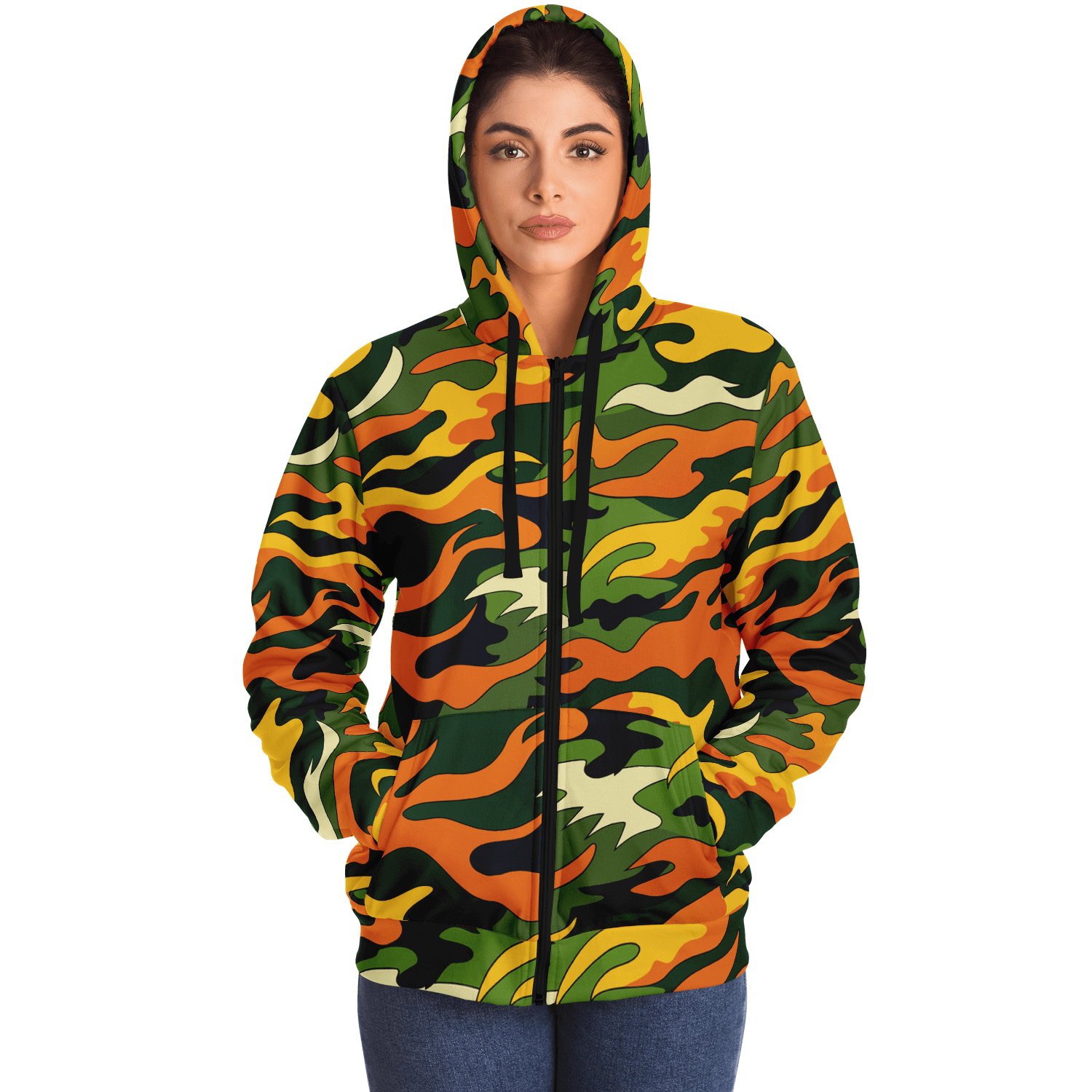 Tiger Flames Zip Hoodie | Cozy Microfleece in Orange Camo Camo Colors