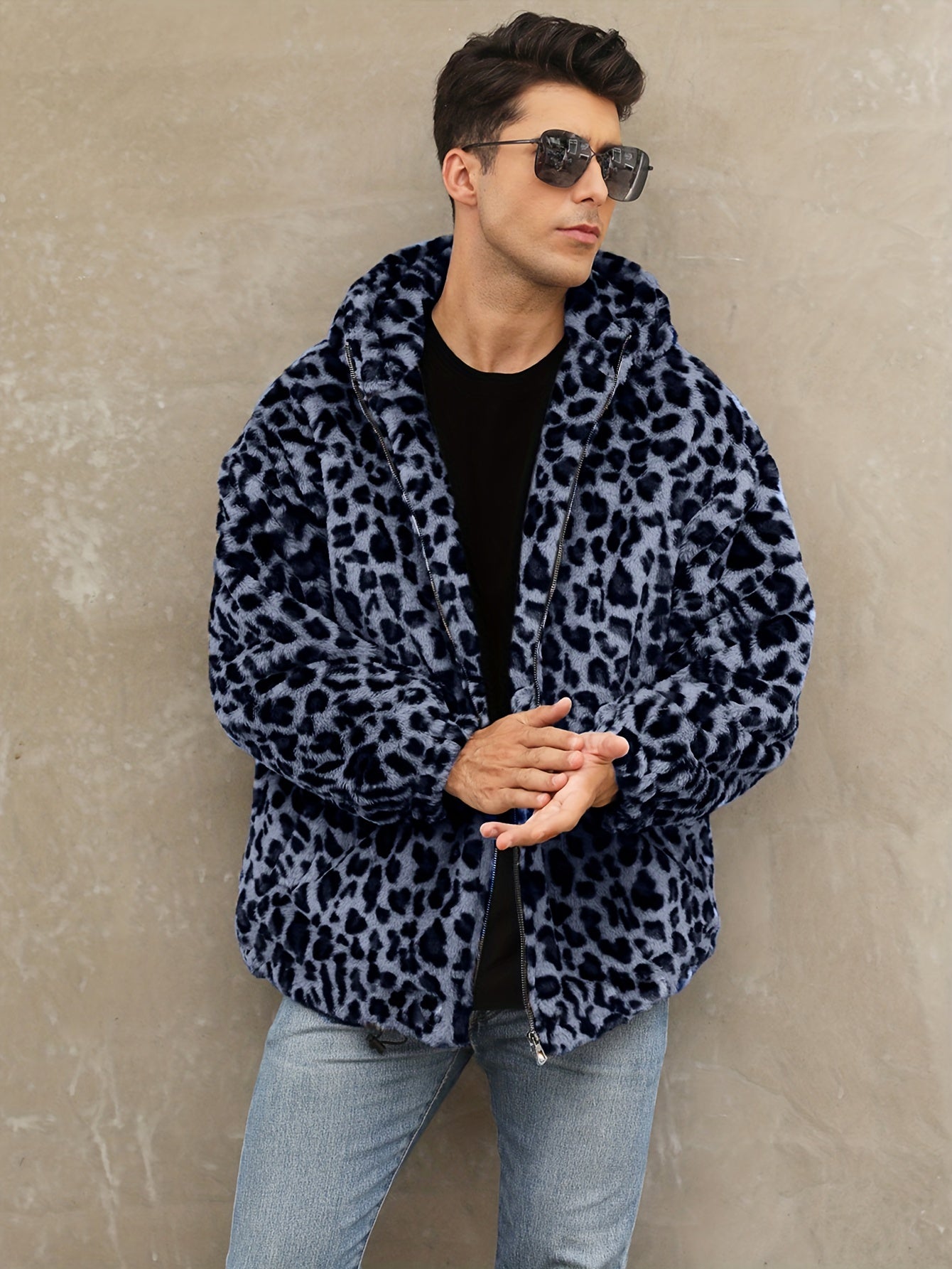 Elegant Men's Leopard Print Faux Fur Hooded Jacket | Camo Colors