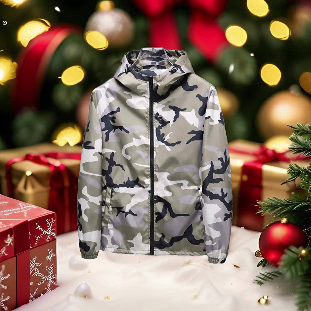 Men's Camo Hooded Jacket - Lightweight Polyester Zip-Up Camo Colors