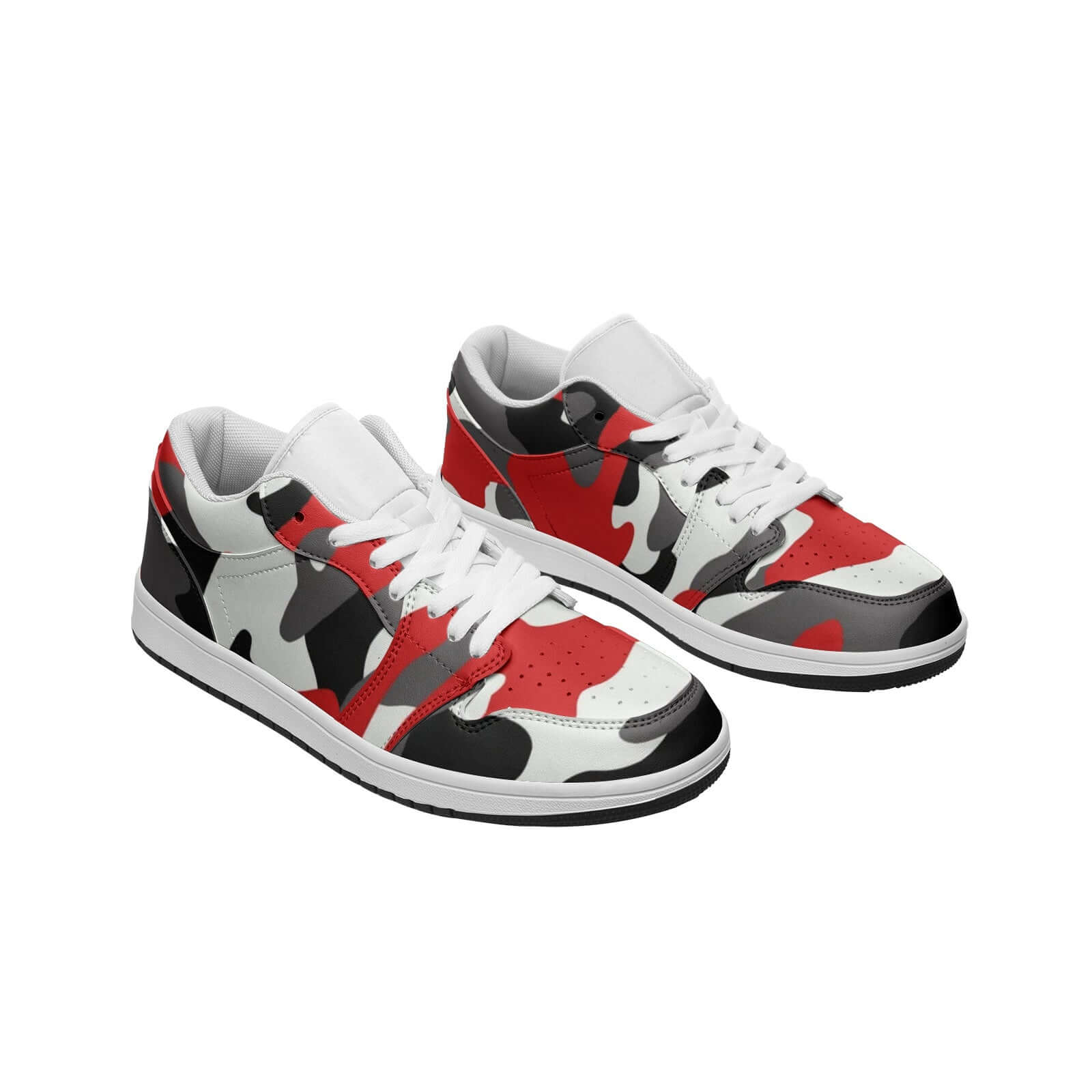 Camo Low Top Leather Sneakers | Red, Black, & White Camo Colors