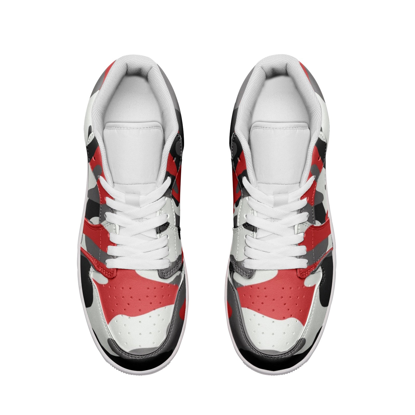 Camo Low Top Leather Sneakers | Red, Black, & White Camo Colors