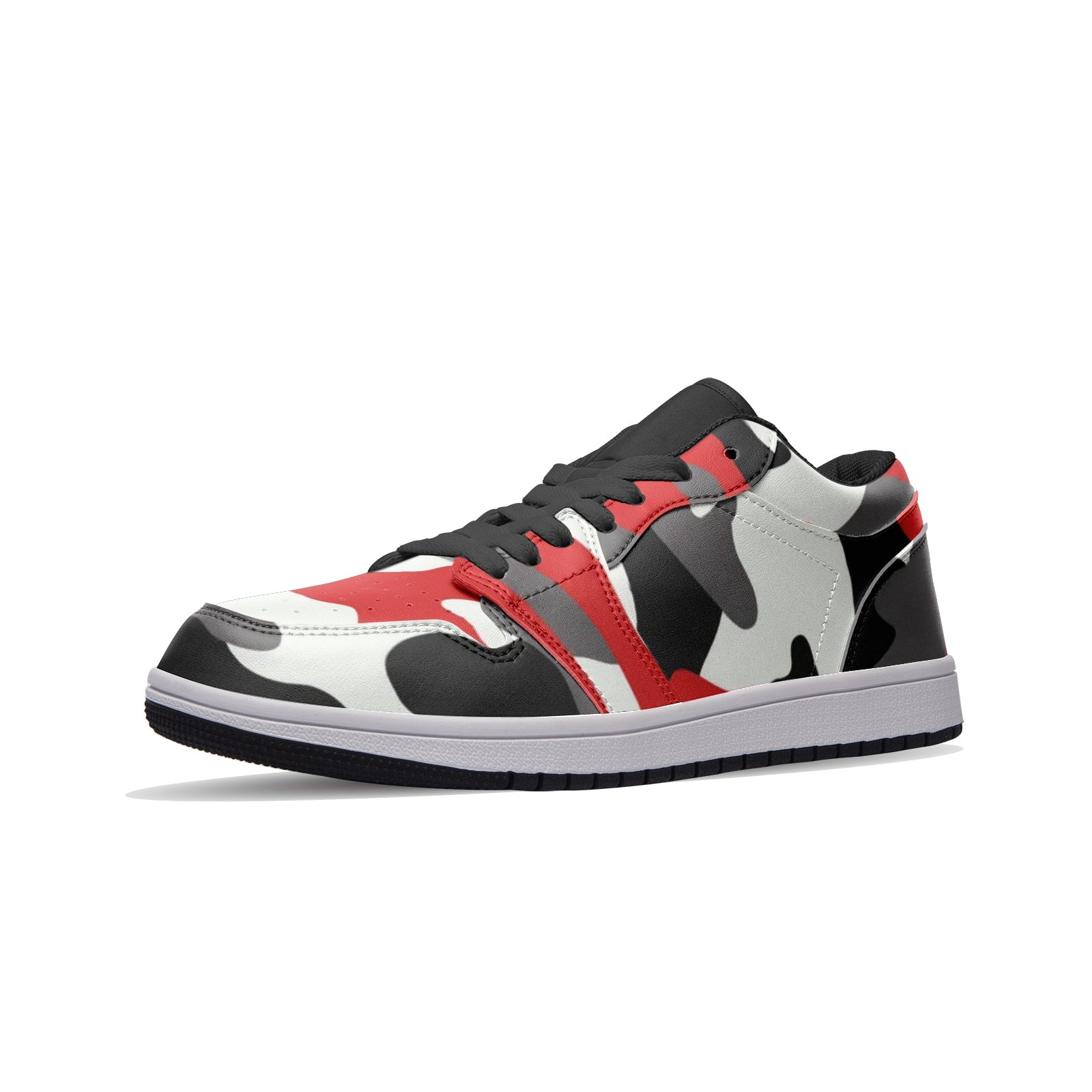 Camo Low Top Leather Sneakers | Red, Black, & White Camo Colors