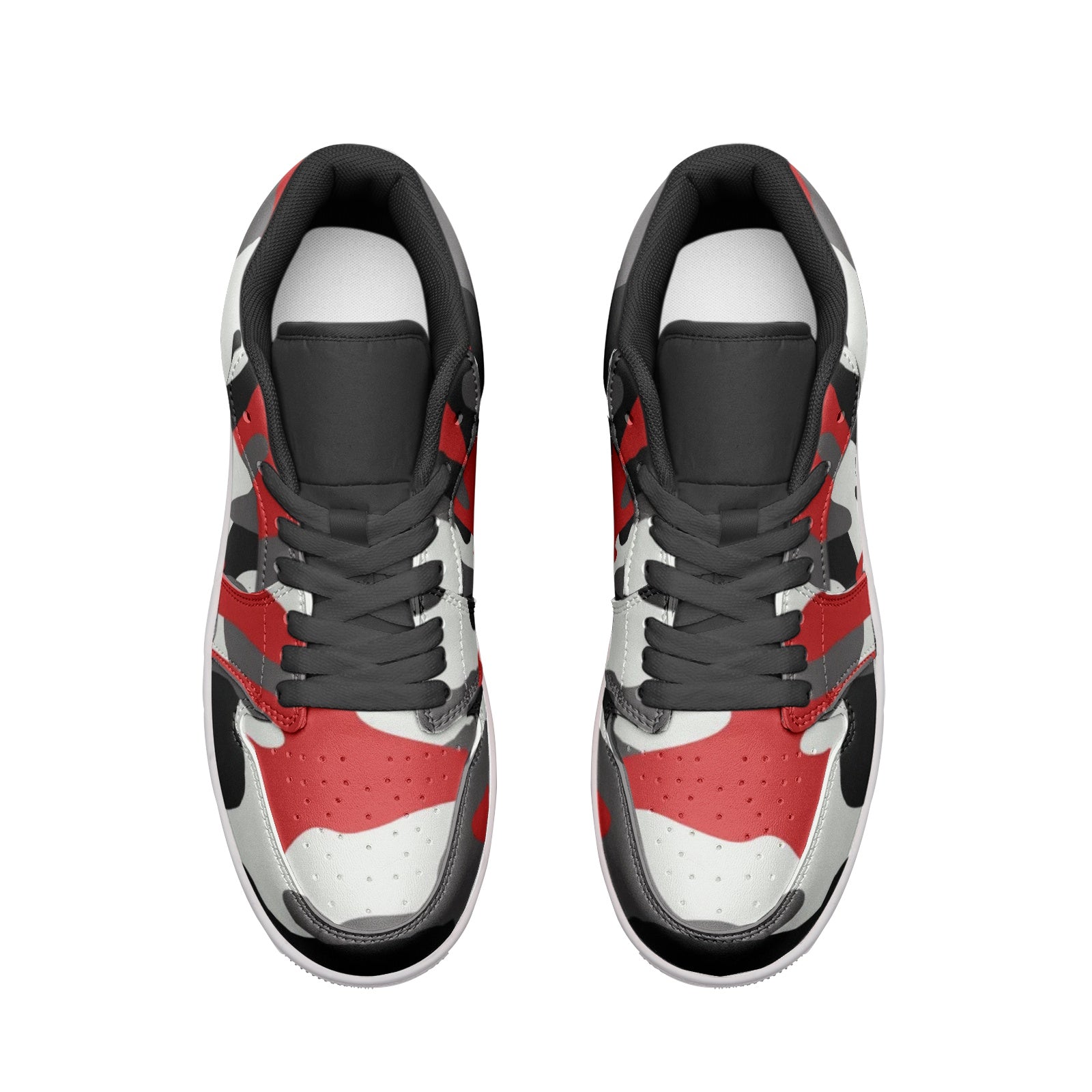 Camo Low Top Leather Sneakers | Red, Black, & White Camo Colors