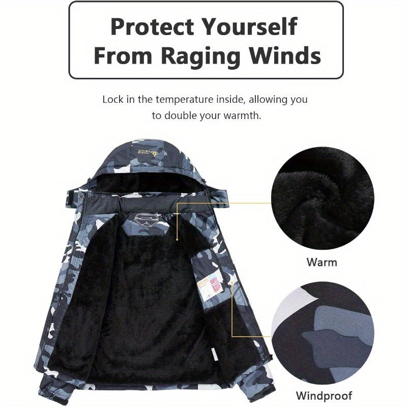 Men's Designer Black Ski Jacket | Fleece with Removable Hood Camo Colors