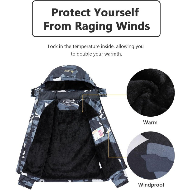 Men's Designer Ski Jacket | Warm Fleece with Detachable Hood Camo Colors