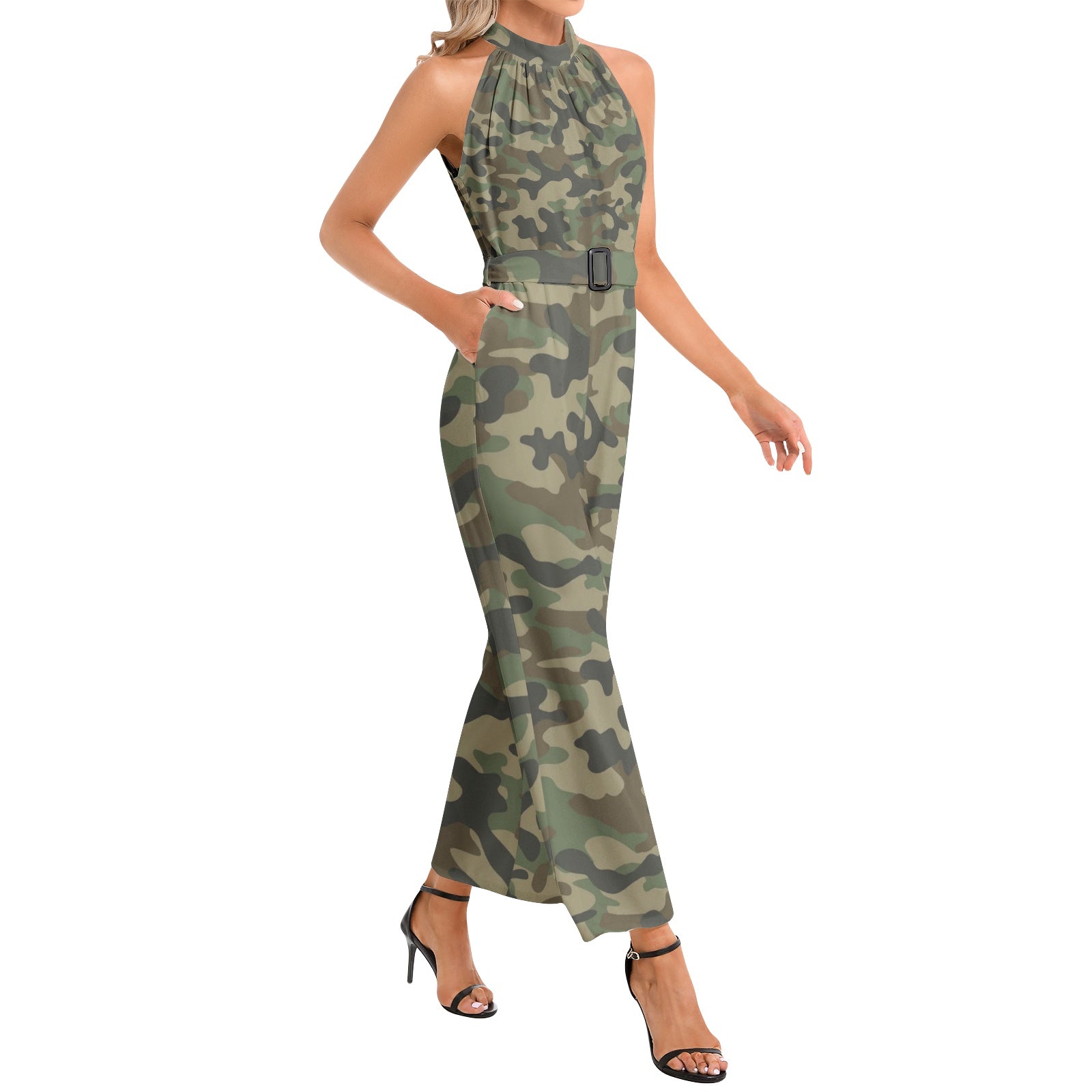 Camo Jumpsuit | Belted Halter Neck | Military Brown Camo Colors