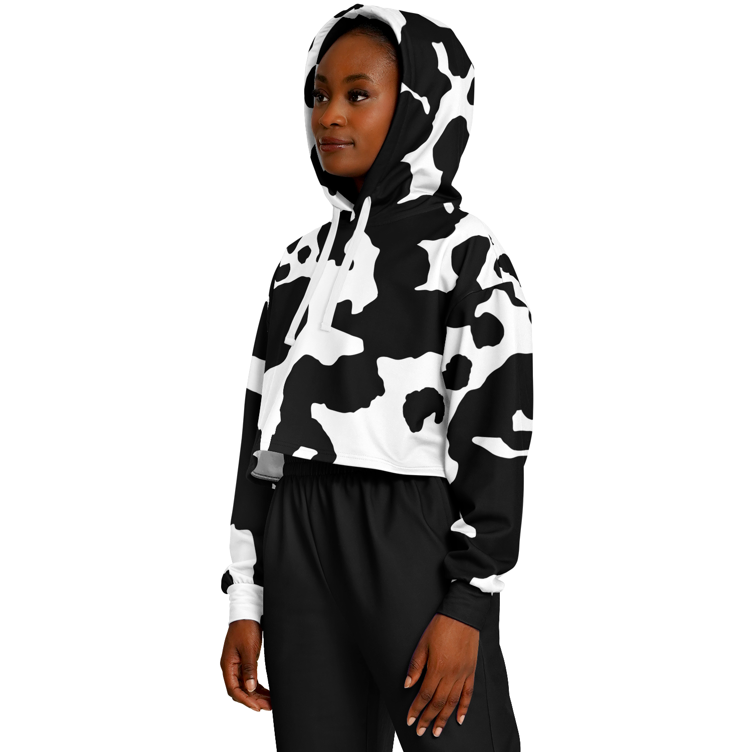 Cropped Hoodie For Women | Black & White Cow Camouflage Camo Colors