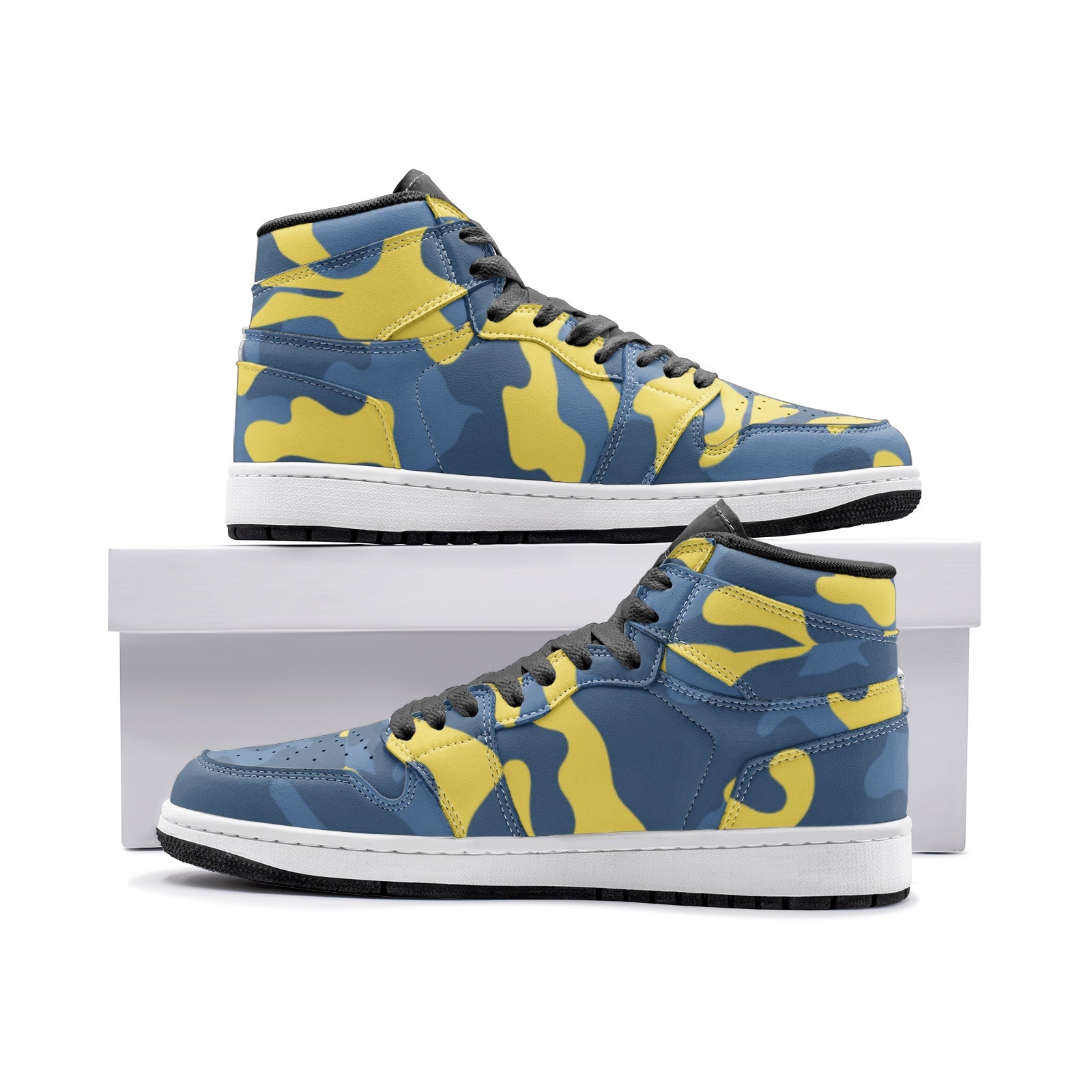 Blue and Yellow Camo Sneakers AJ 1 | High Top Leather Camo Colors