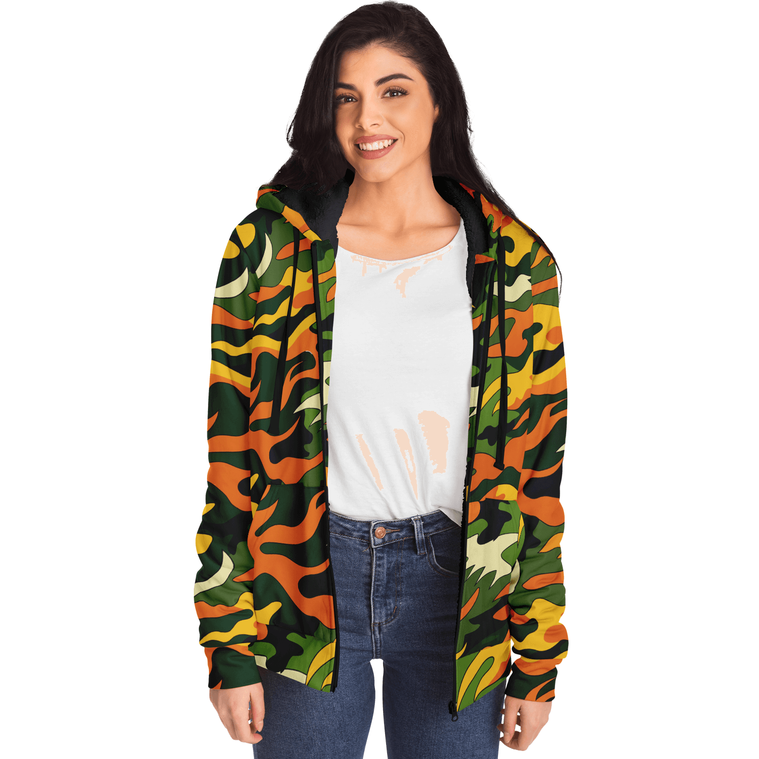 Tiger Flames Zip Hoodie | Cozy Microfleece in Orange Camo Camo Colors