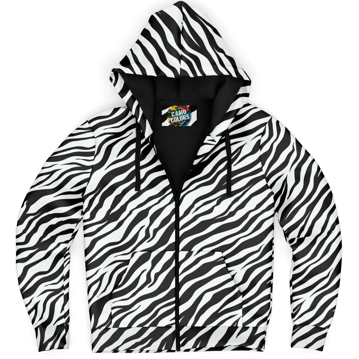 Microfleece Zip Hoodie in Black and White Zebra Print Camo Colors