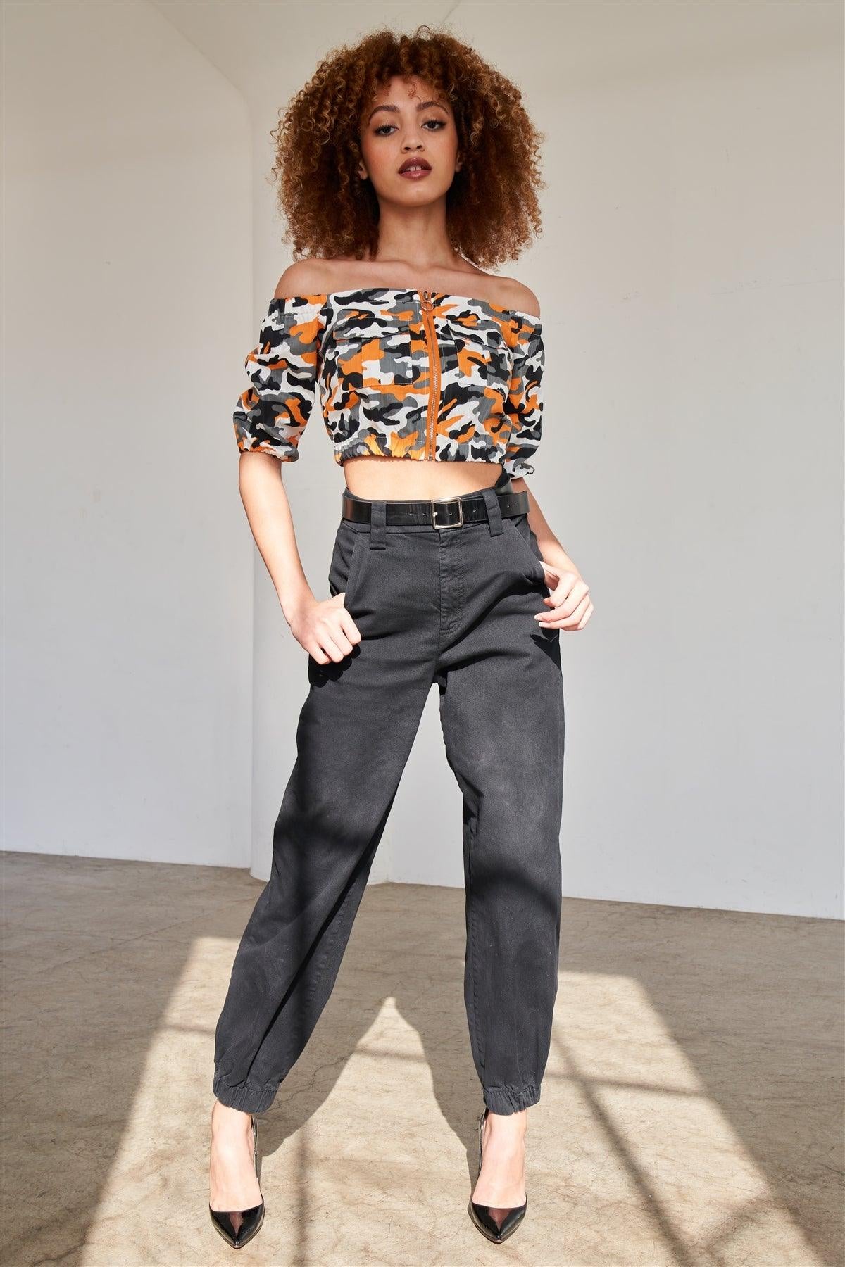 Orange Camo Print off the Shoulder Cargo Crop Top Camo Colors