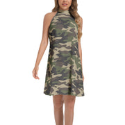 Flared Camo Dress | Halter Neck | Classic Green Camouflage Camo Colors