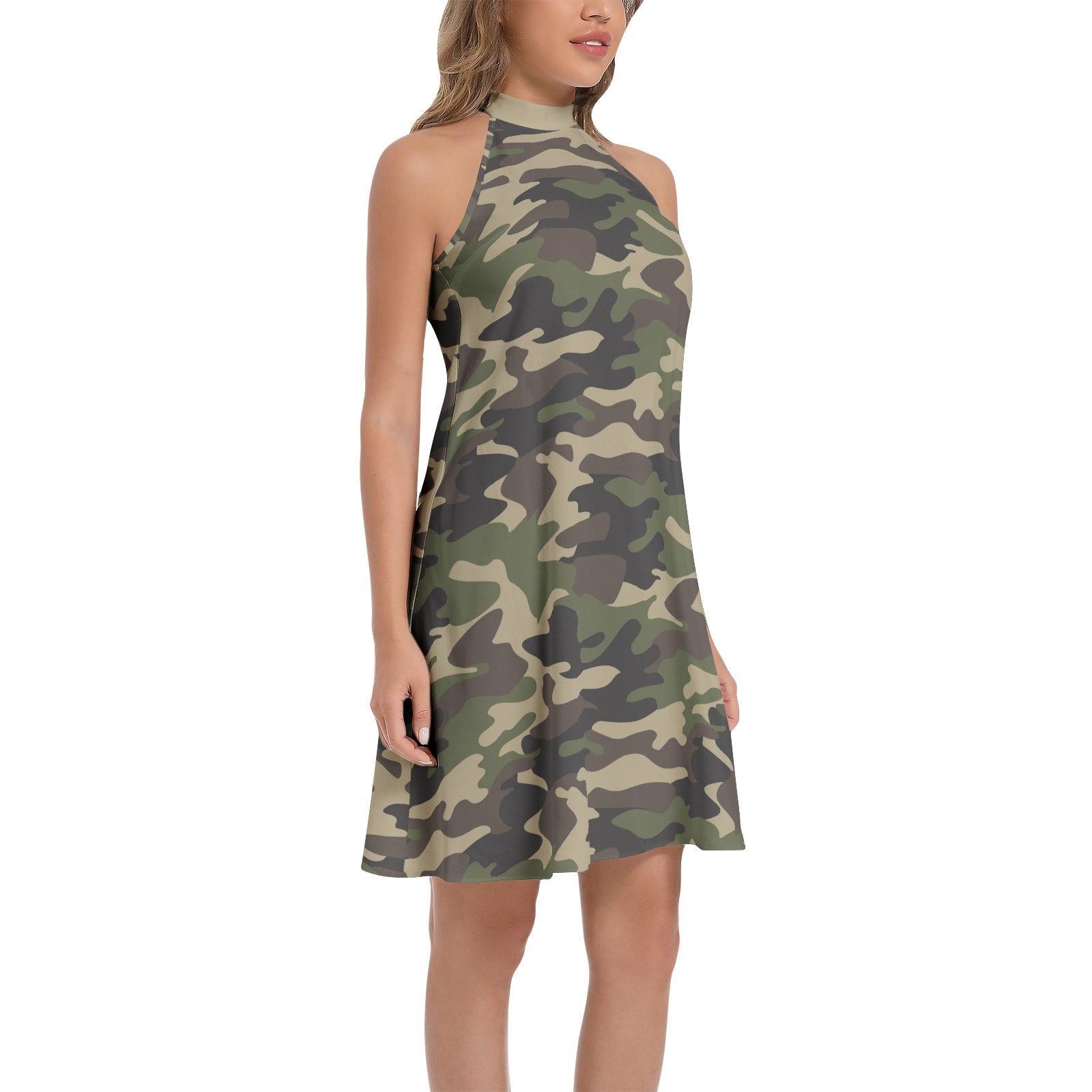 Flared Camo Dress | Halter Neck | Classic Green Camouflage Camo Colors