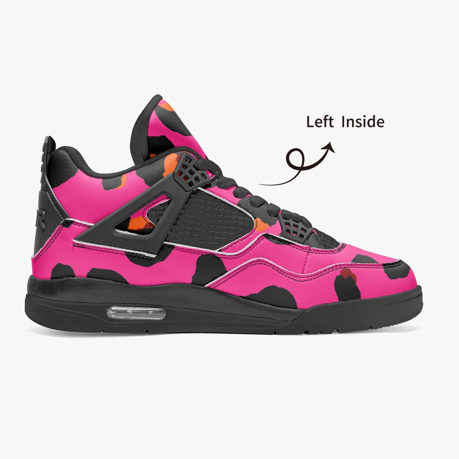 Leopard Jordans AJ4 | Cerise Pink, Orange and Black Pattern Camo Colors