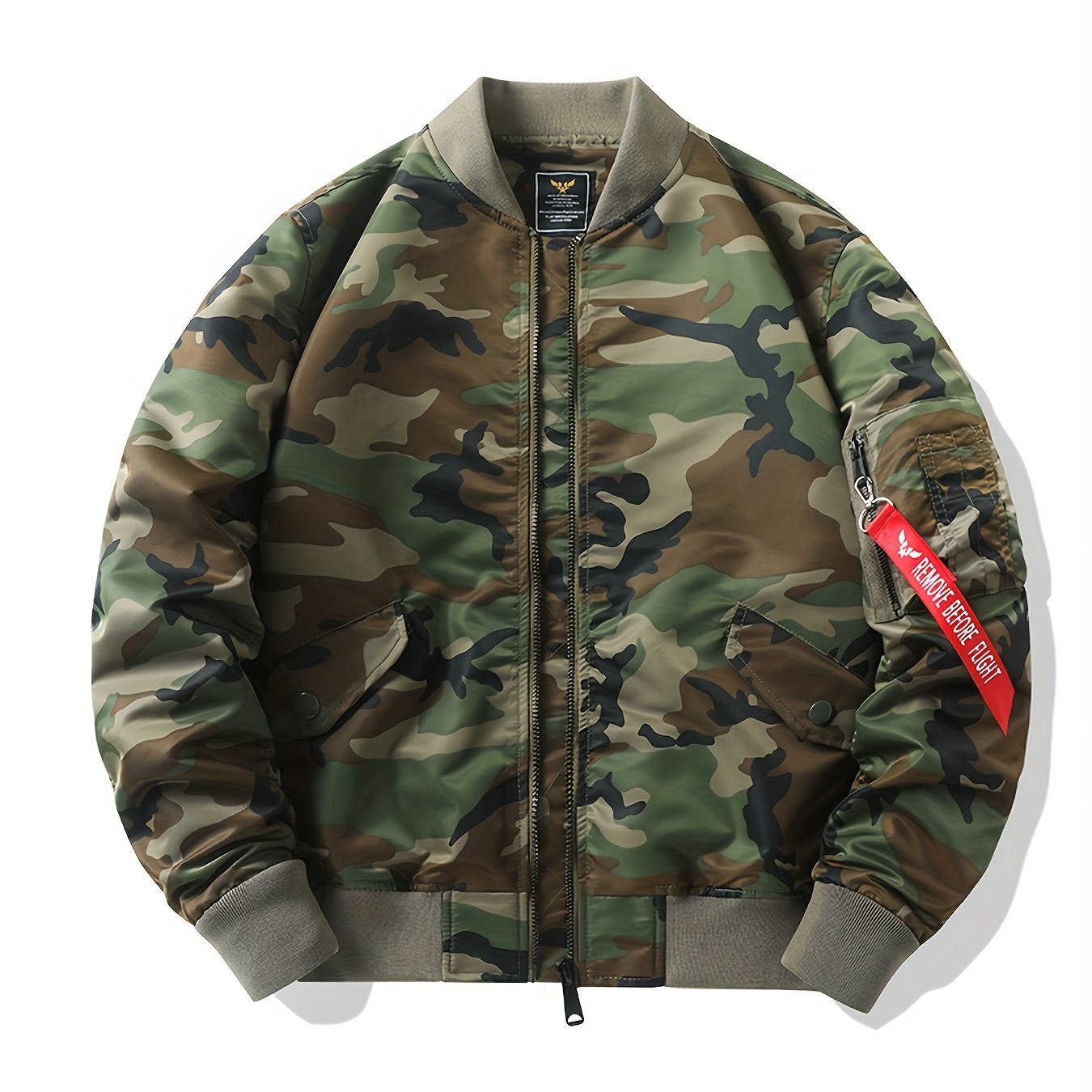 Fashionable Men's Camo Bomber Jacket, Stand Collar, Zipper Camo Colors