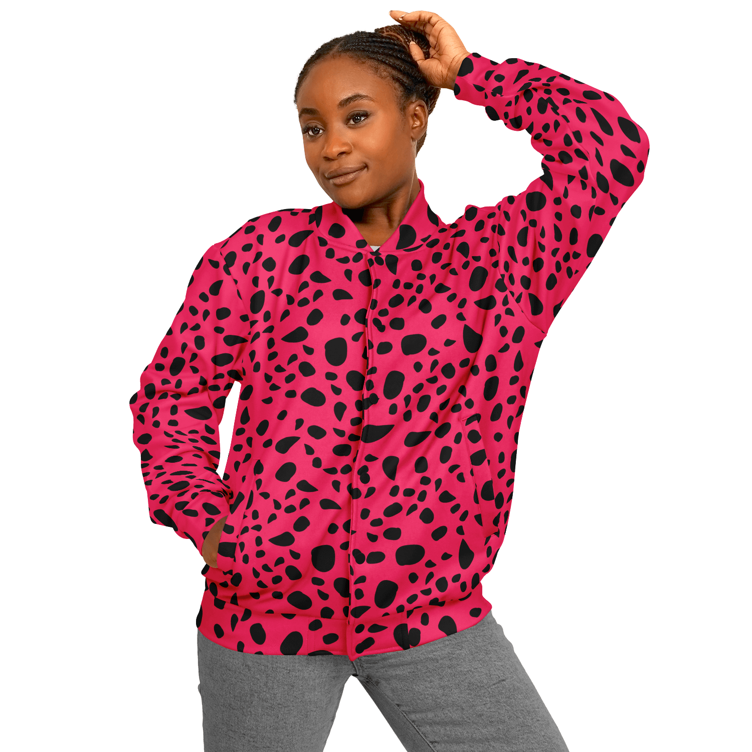 Baseball Jacket | Leopard Print in Pink and Black Camo Colors