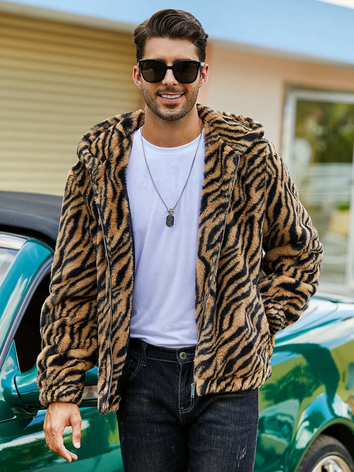 RELISH NOLESS Men's Leopard Print Faux Fur Hooded Jacket | Camo Colors