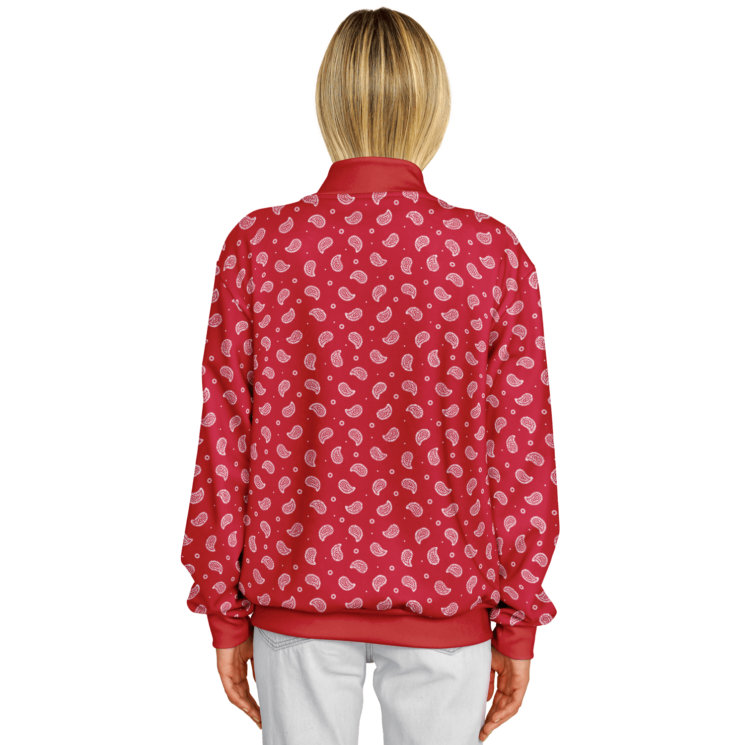 Red Bandana Baseball Jacket | Small White Paisley Pattern Camo Colors